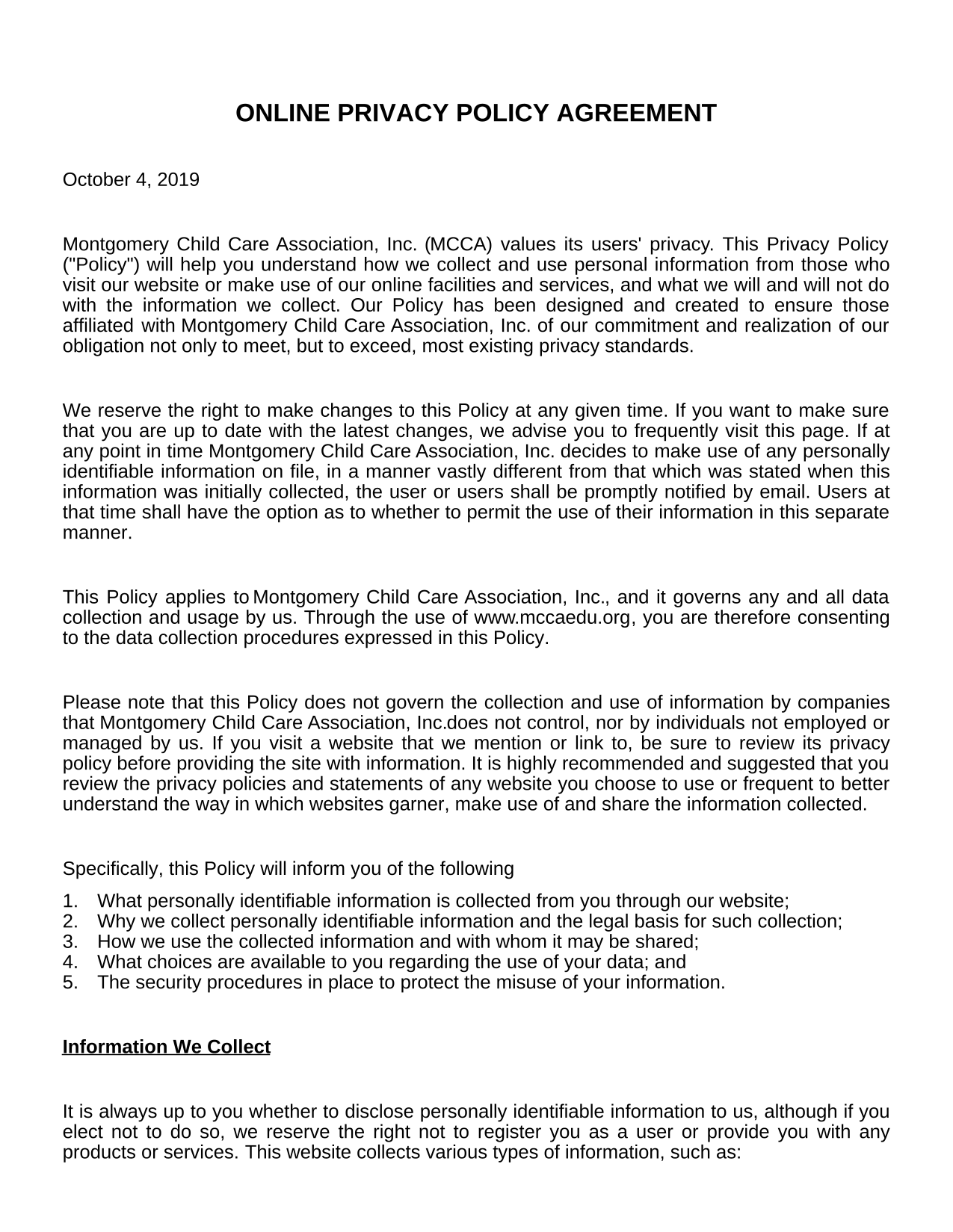 Online Privacy Policy Agreement screenshot