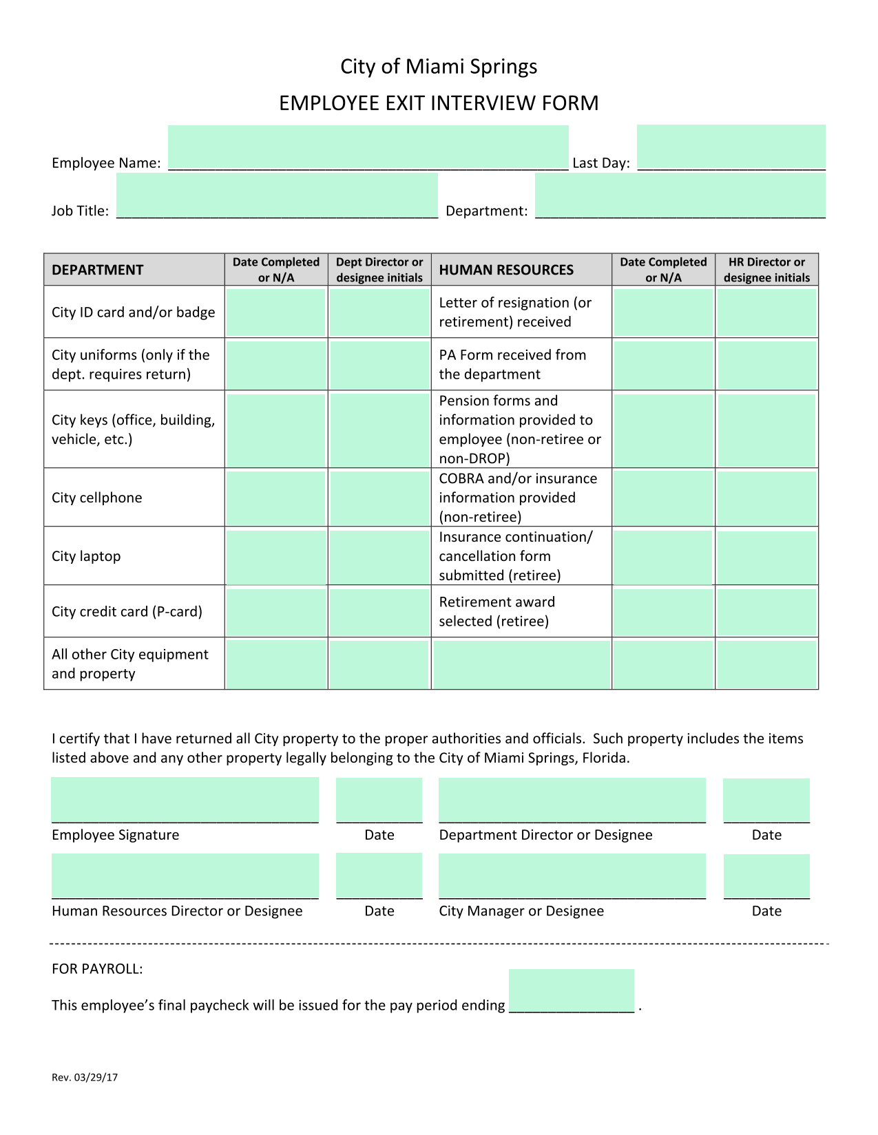 Employee Exit Interview Form screenshot