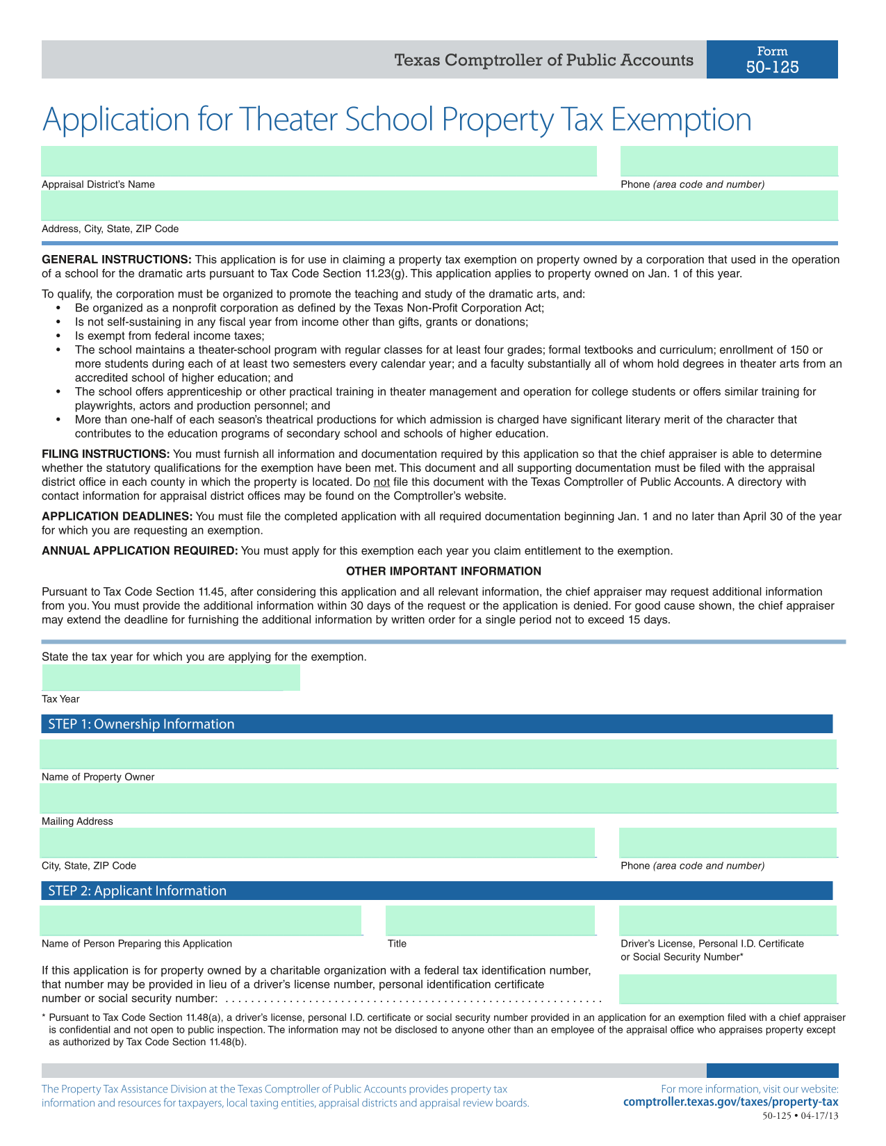 Application For Theater School Property Tax Exemption screenshot