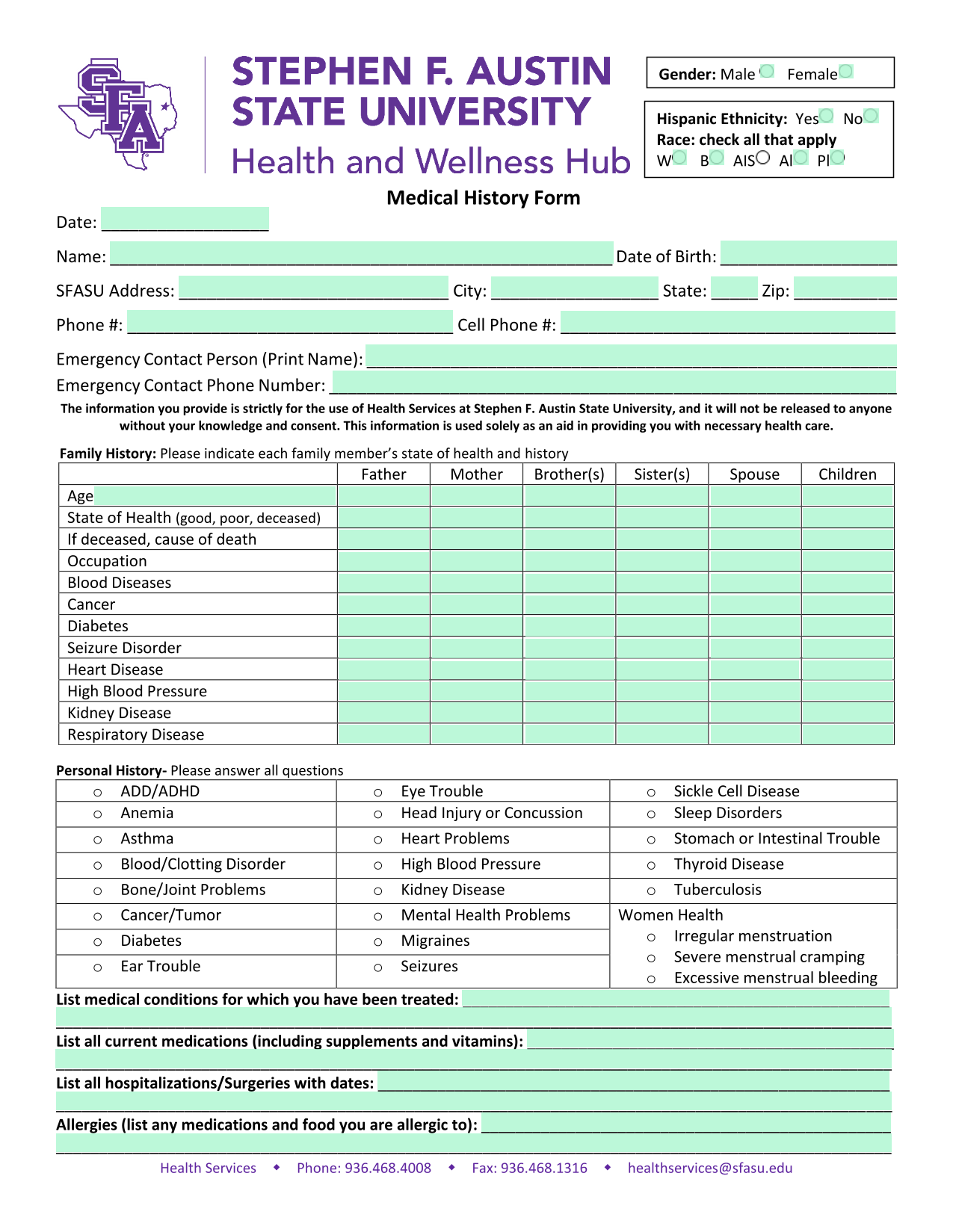 Medical History Form screenshot