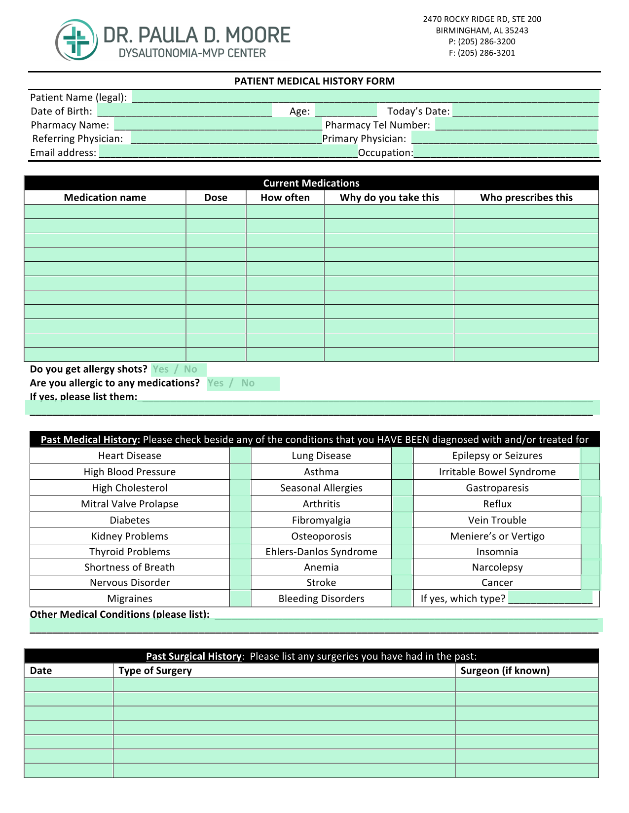 PATIENT MEDICAL HISTORY FORM screenshot