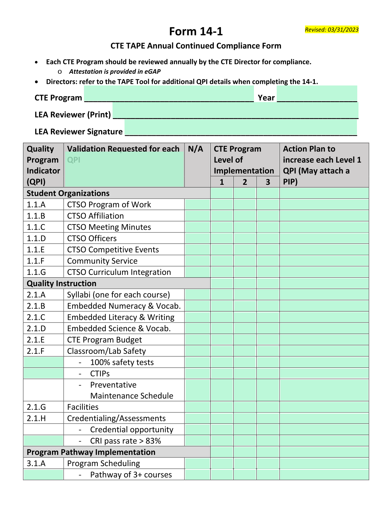 Form 14 1 CTE TAPE Annual Continued Compliance Form screenshot