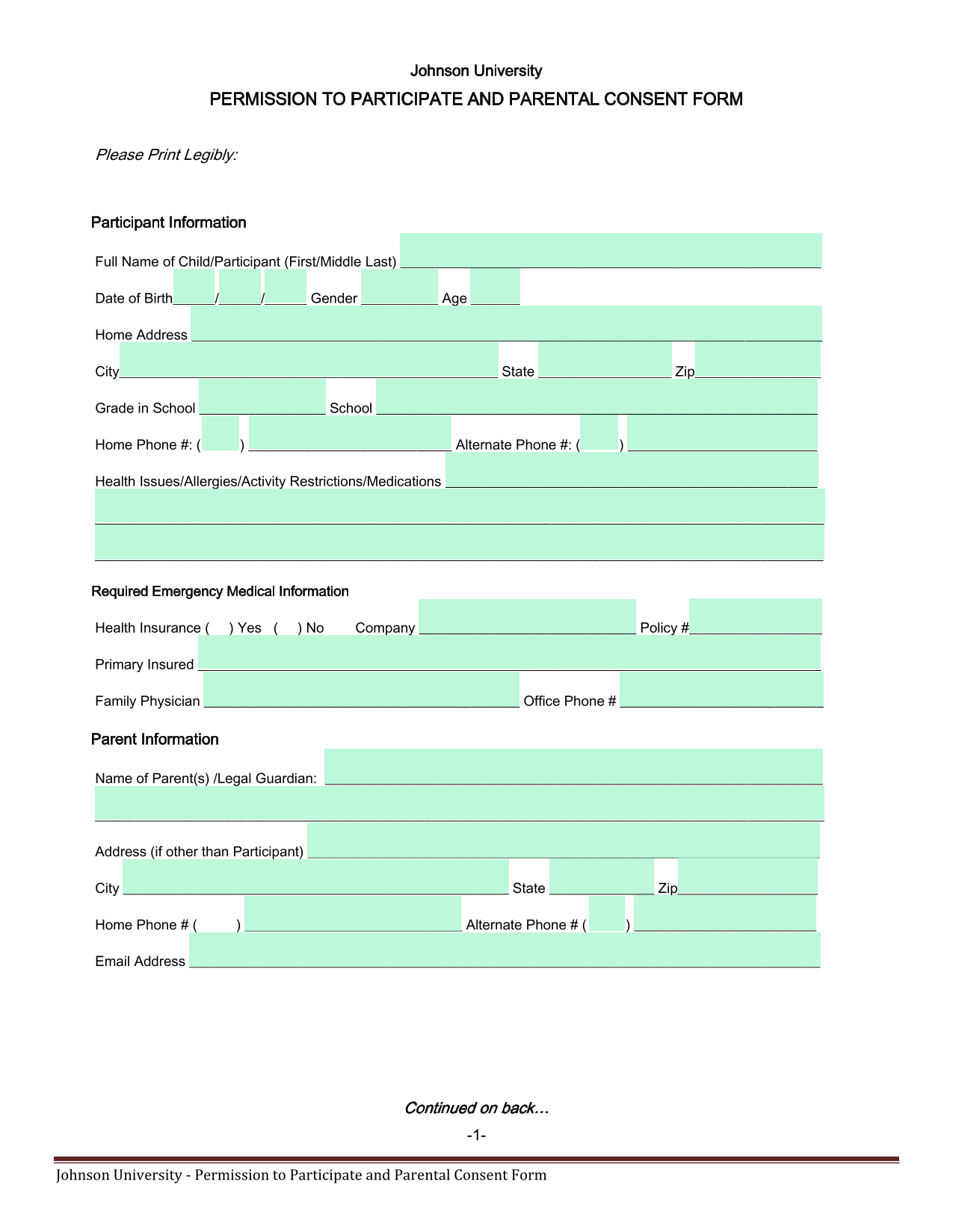 Johnson University   Permission To Participate And Parental Consent Form screenshot