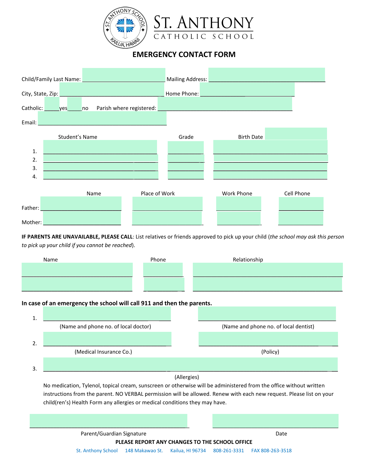 EMERGENCY CONTACT FORM screenshot