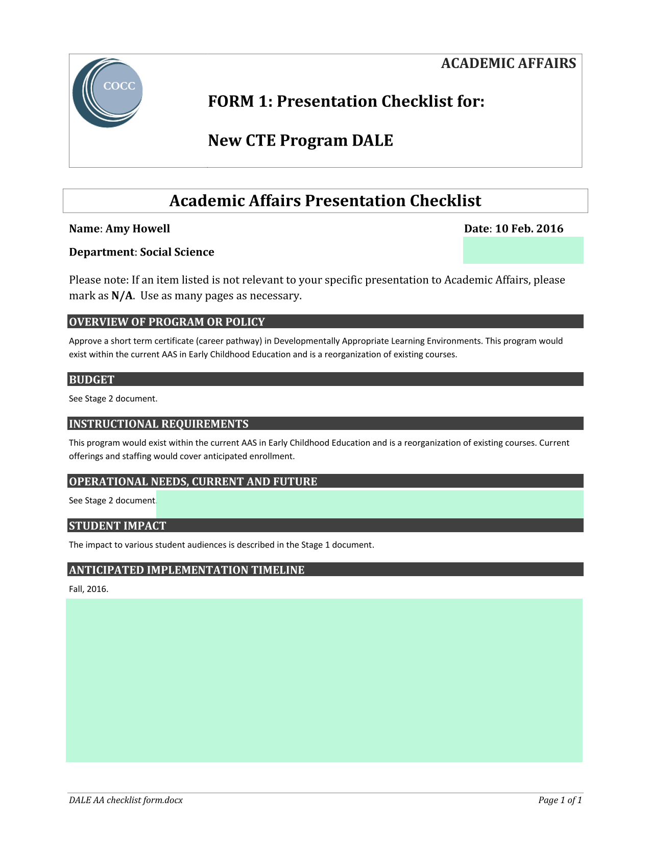 FORM 1 Presentation Checklist For New CTE Program DALE screenshot