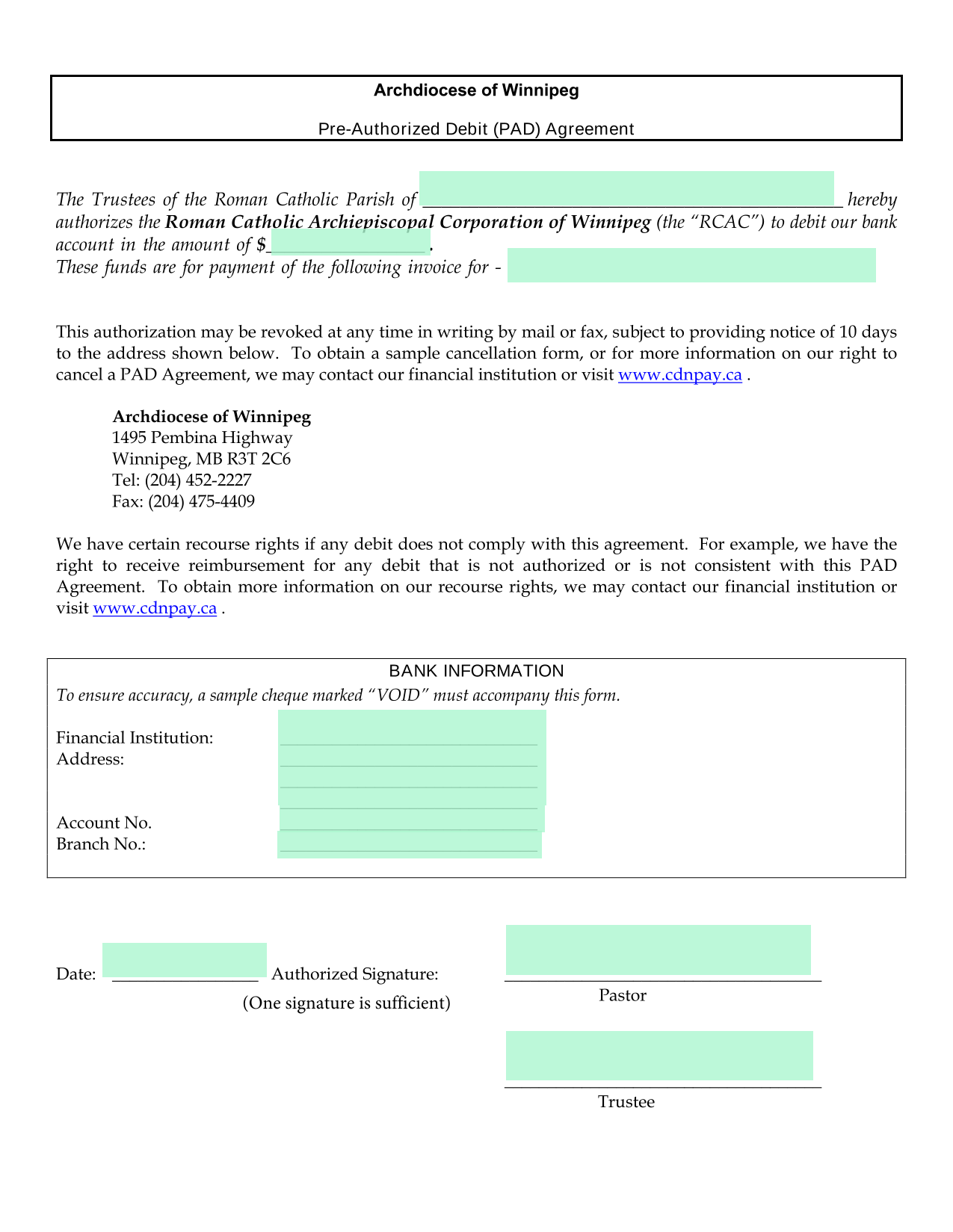 Pre Authorized Debit (PAD) Agreement screenshot