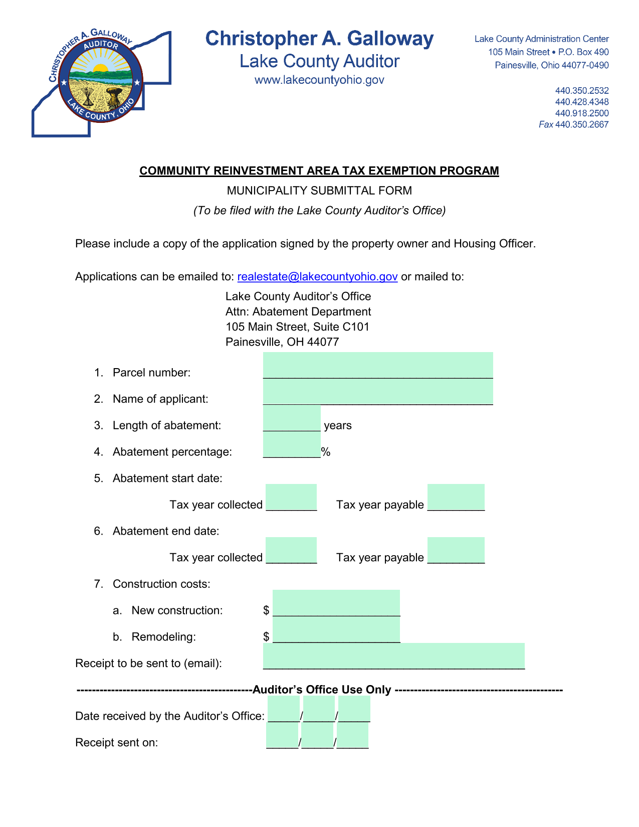Community Reinvestment Area Tax Exemption Program Municipality Submittal Form screenshot