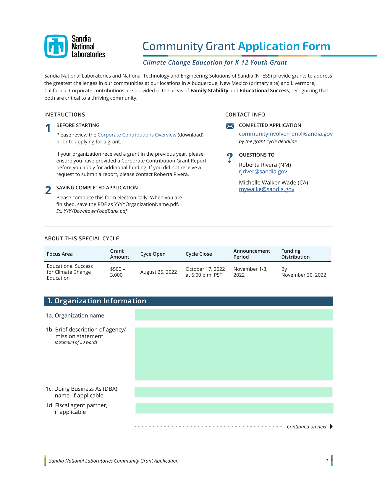 Sandia National Laboratories Community Grant Application screenshot