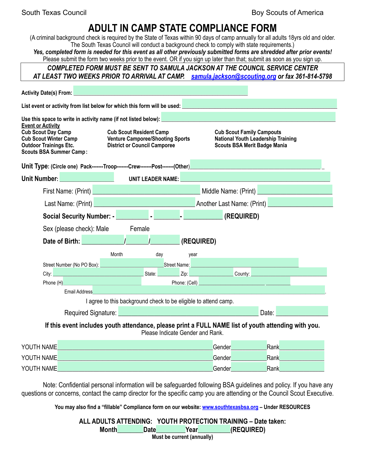 Adult In Camp State Compliance Form screenshot