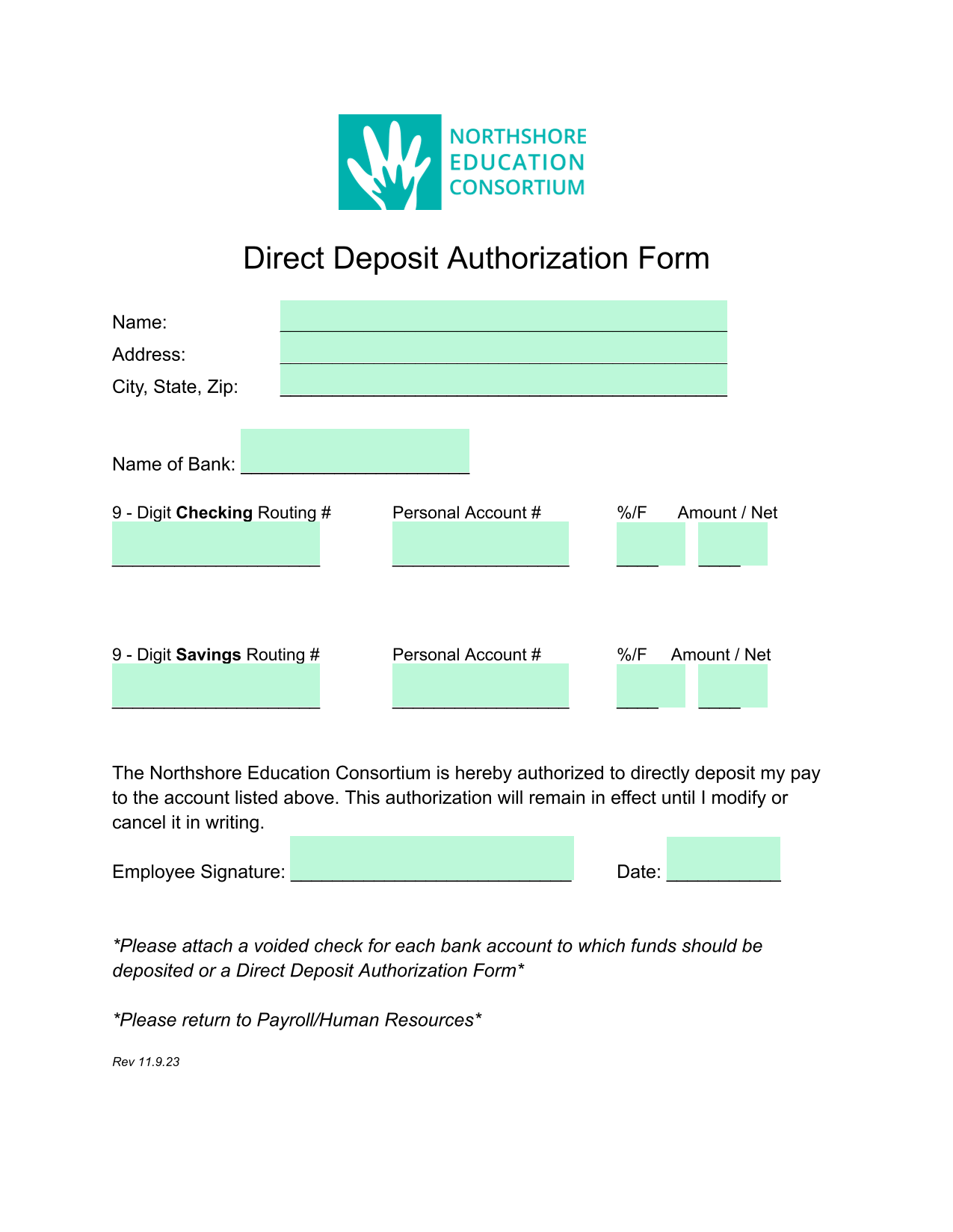 Direct Deposit Authorization Form screenshot