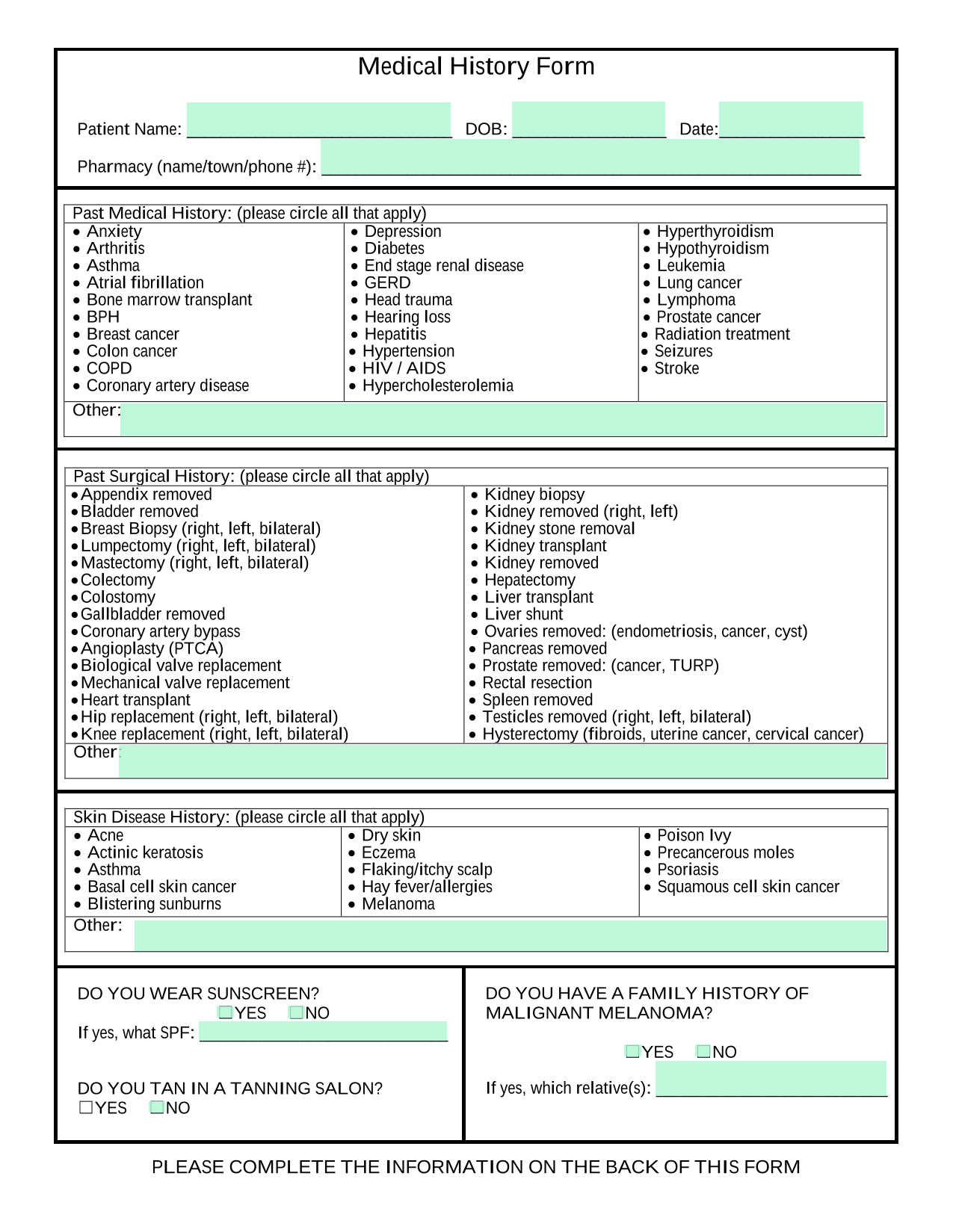 Medical History Form screenshot