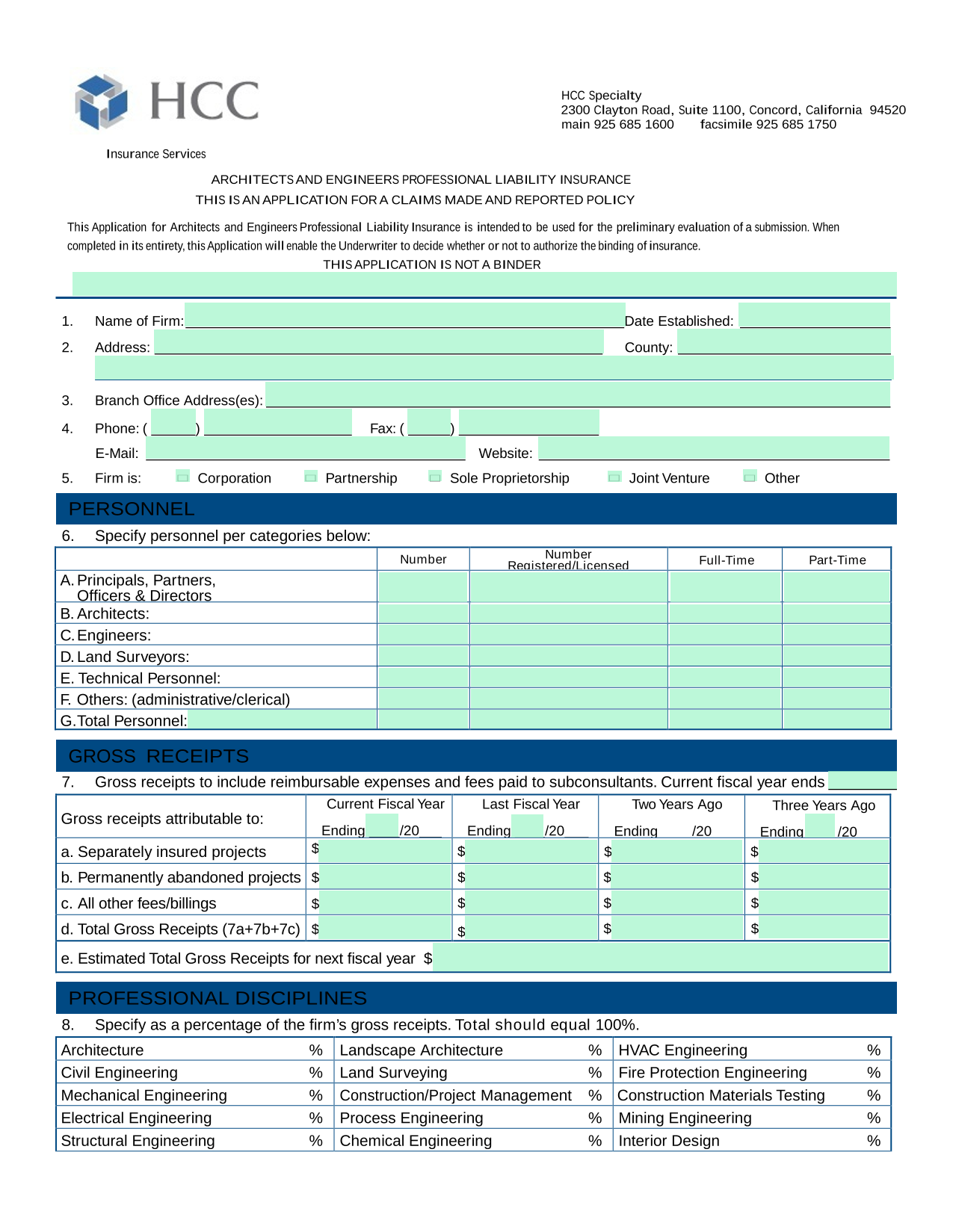 Architects And Engineers Professional Liability Insurance Application screenshot