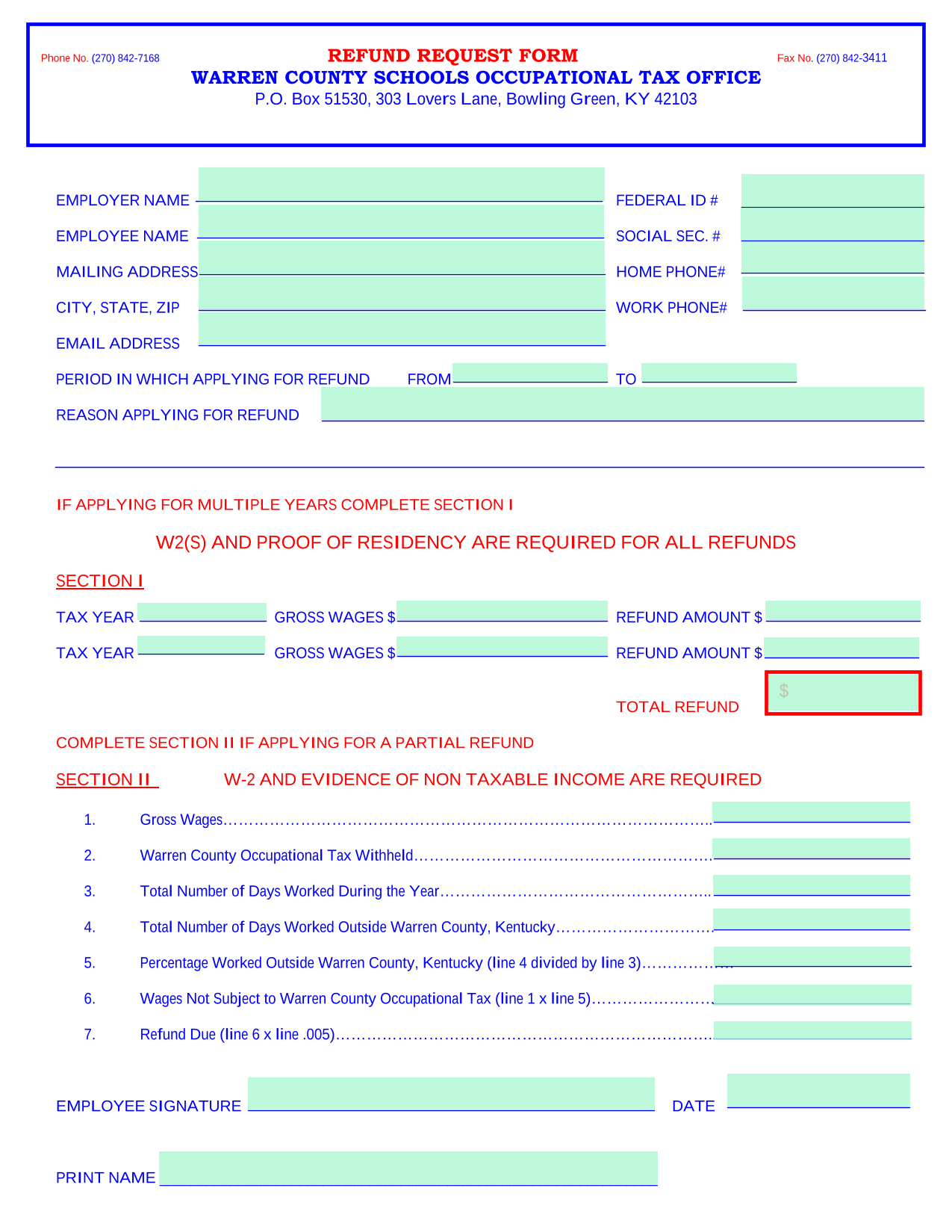 Refund Request Form screenshot
