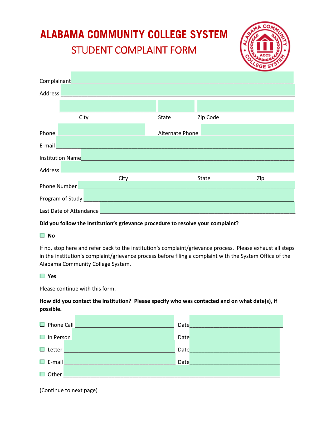 Alabama Community College System Student Complaint Form screenshot