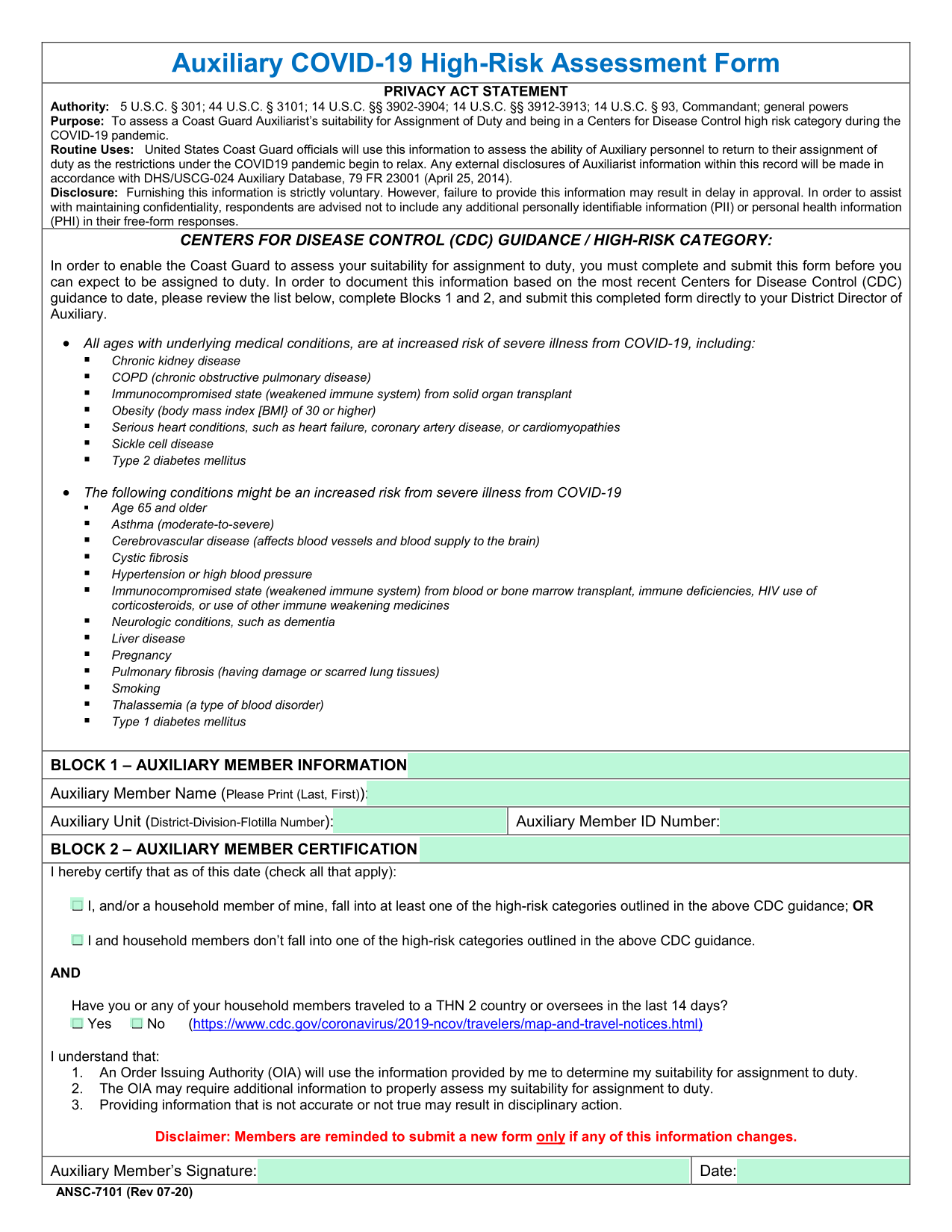 Auxiliary COVID 19 High Risk Assessment Form screenshot