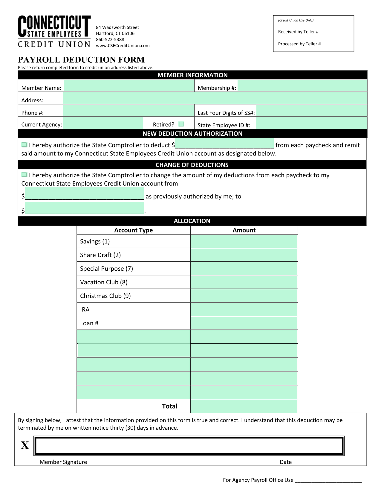 Payroll Deduction Form screenshot