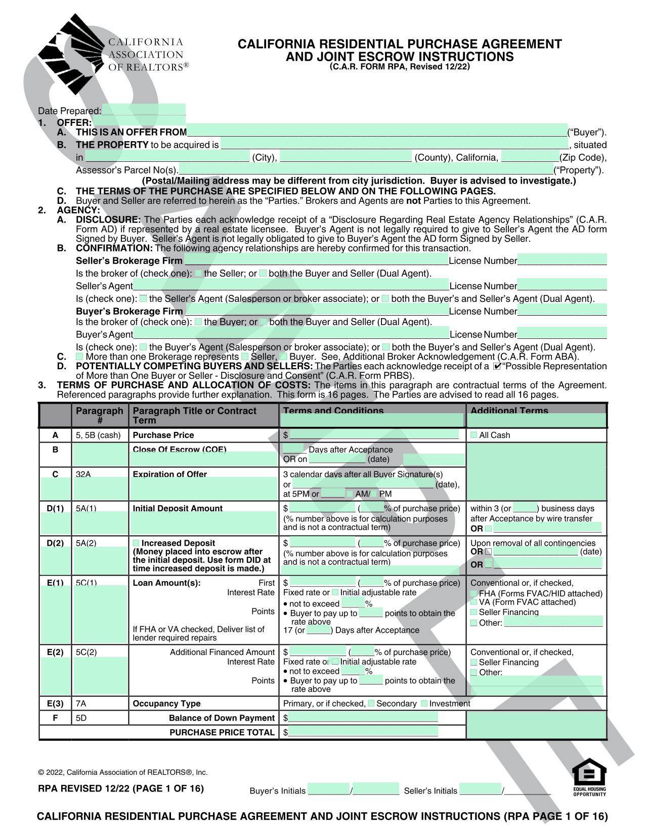 California Residential Purchase Agreement And Joint Escrow Instructions screenshot
