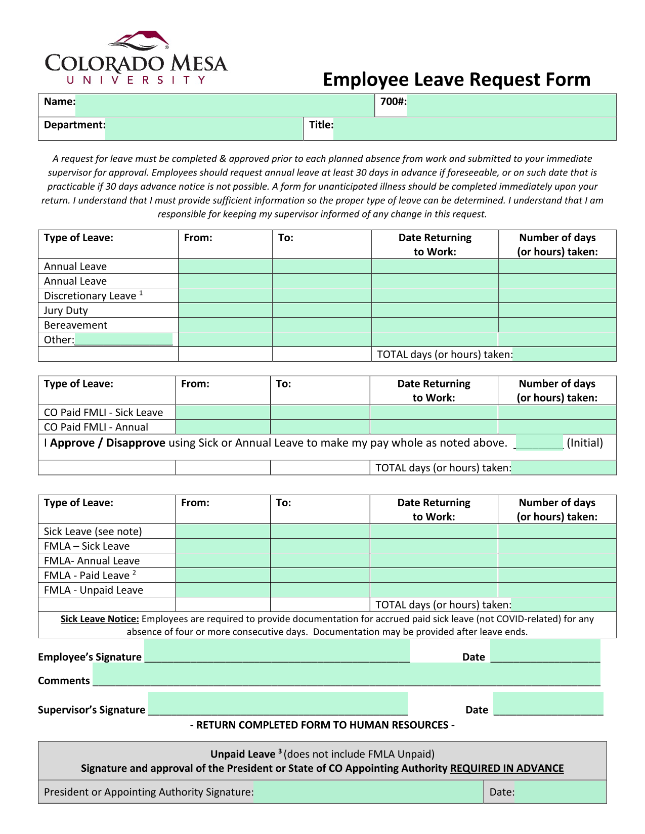 Employee Leave Request Form screenshot