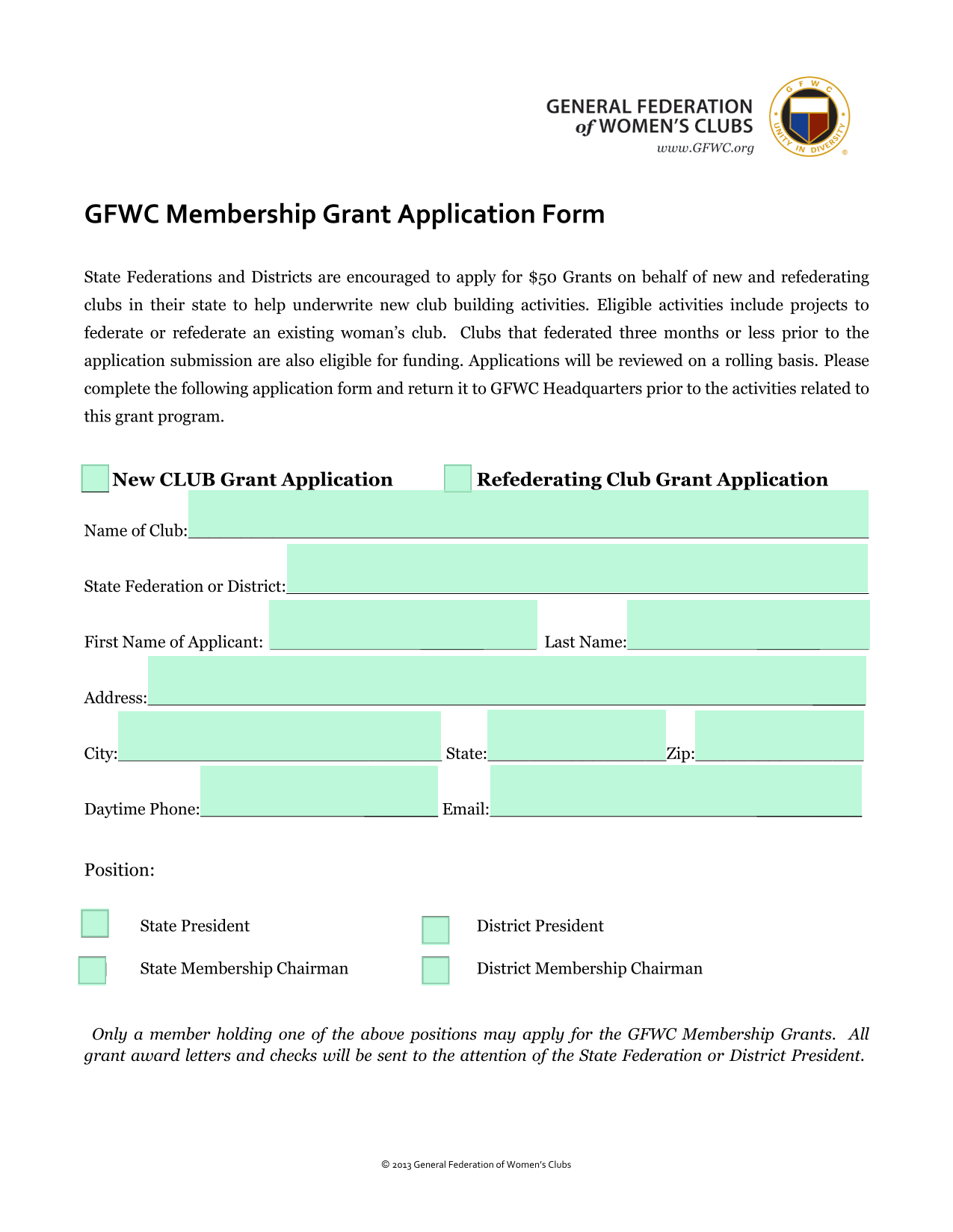 GFWC Membership Grant Application Form screenshot