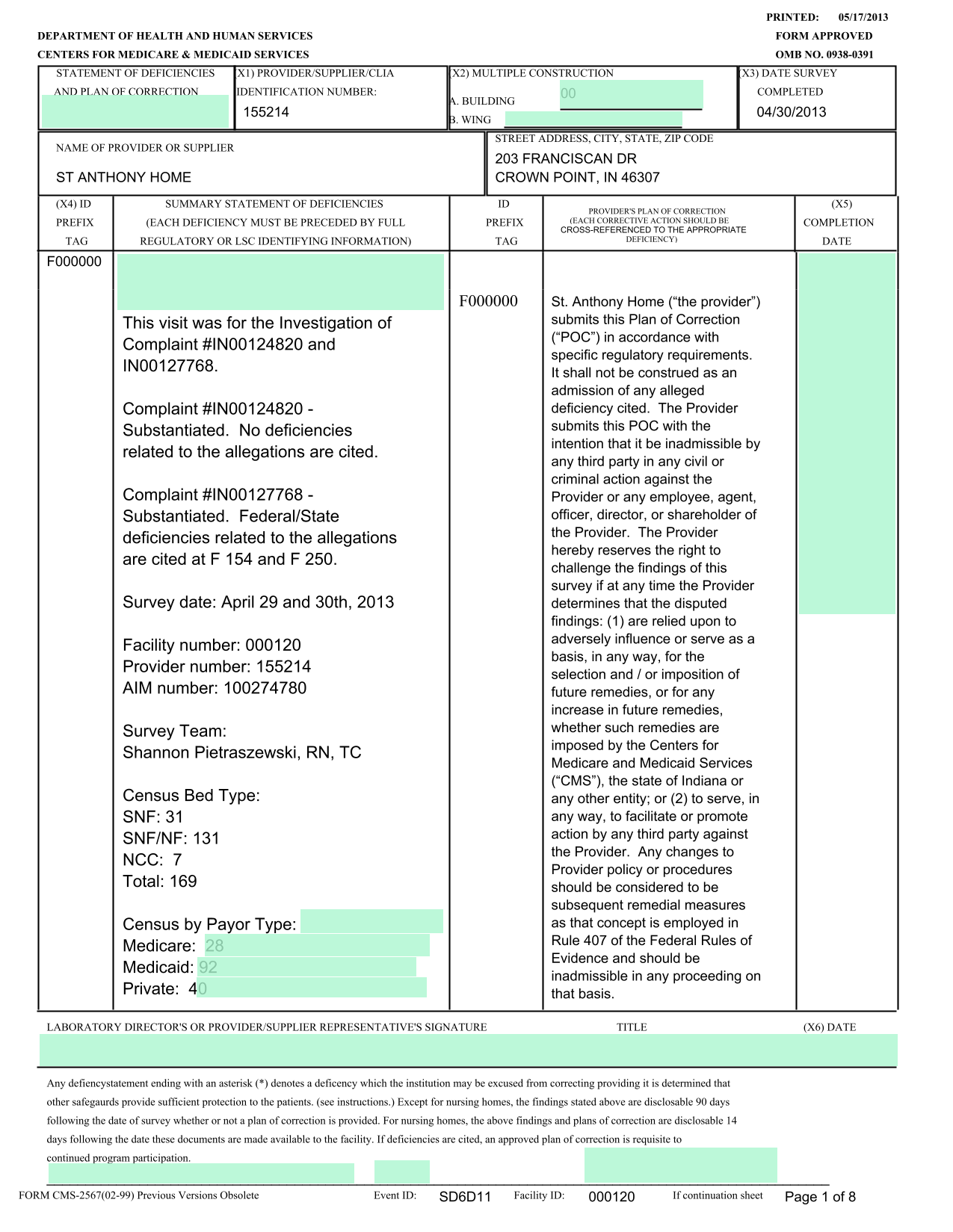 Statement Of Deficiencies And Plan Of Correction screenshot