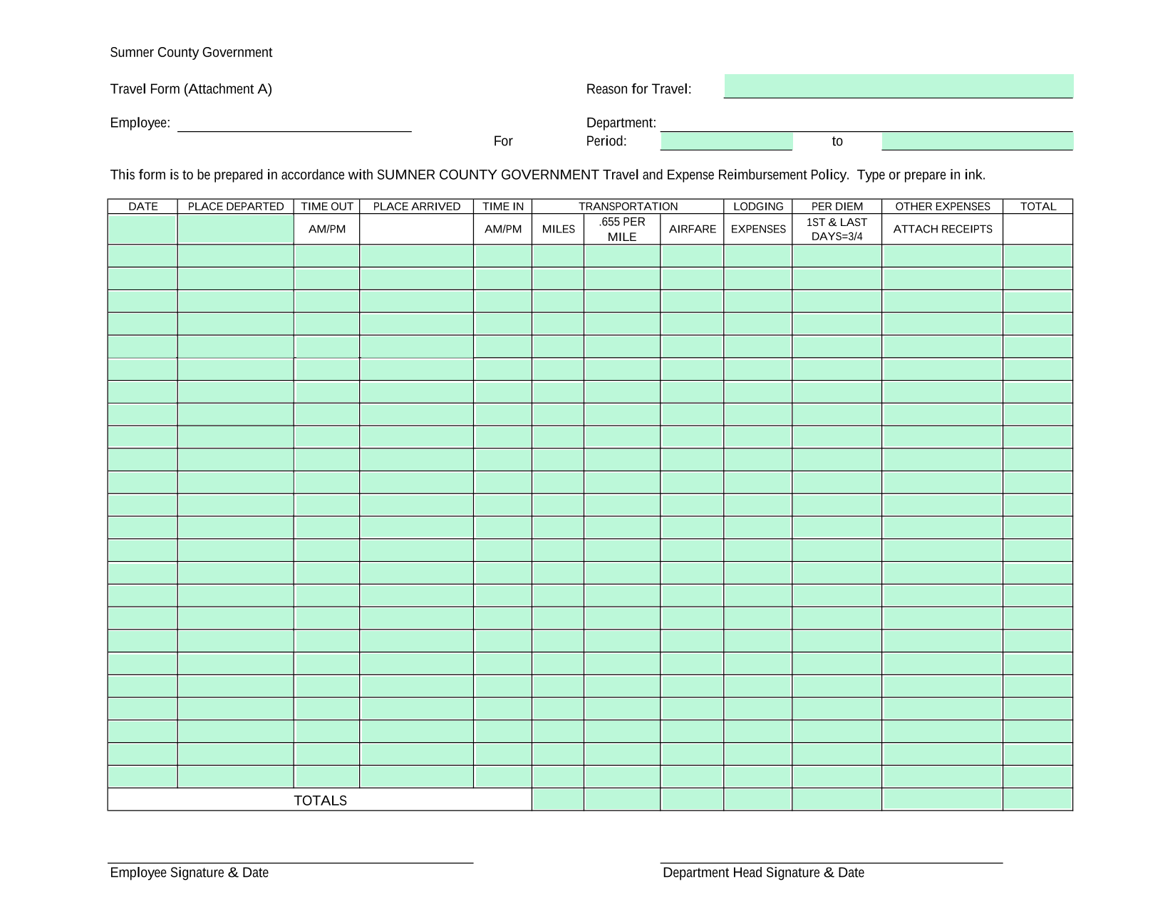 Sumner County Government Travel Form (Attachment A) screenshot