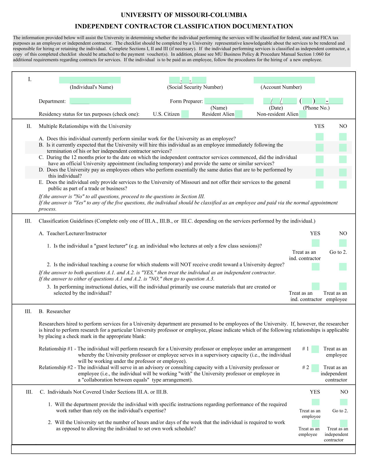 Independent Contractor Classification Documentation screenshot