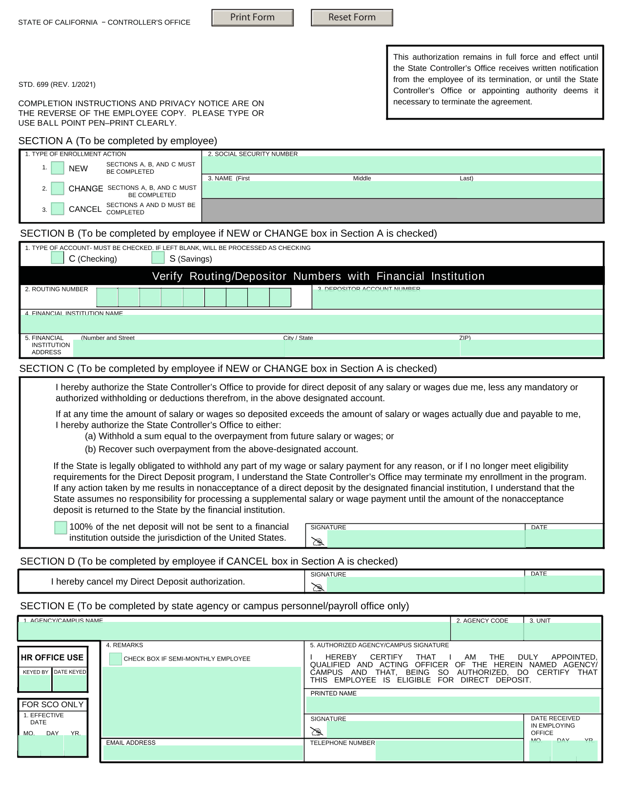 STD. 699 Direct Deposit Authorization Form screenshot