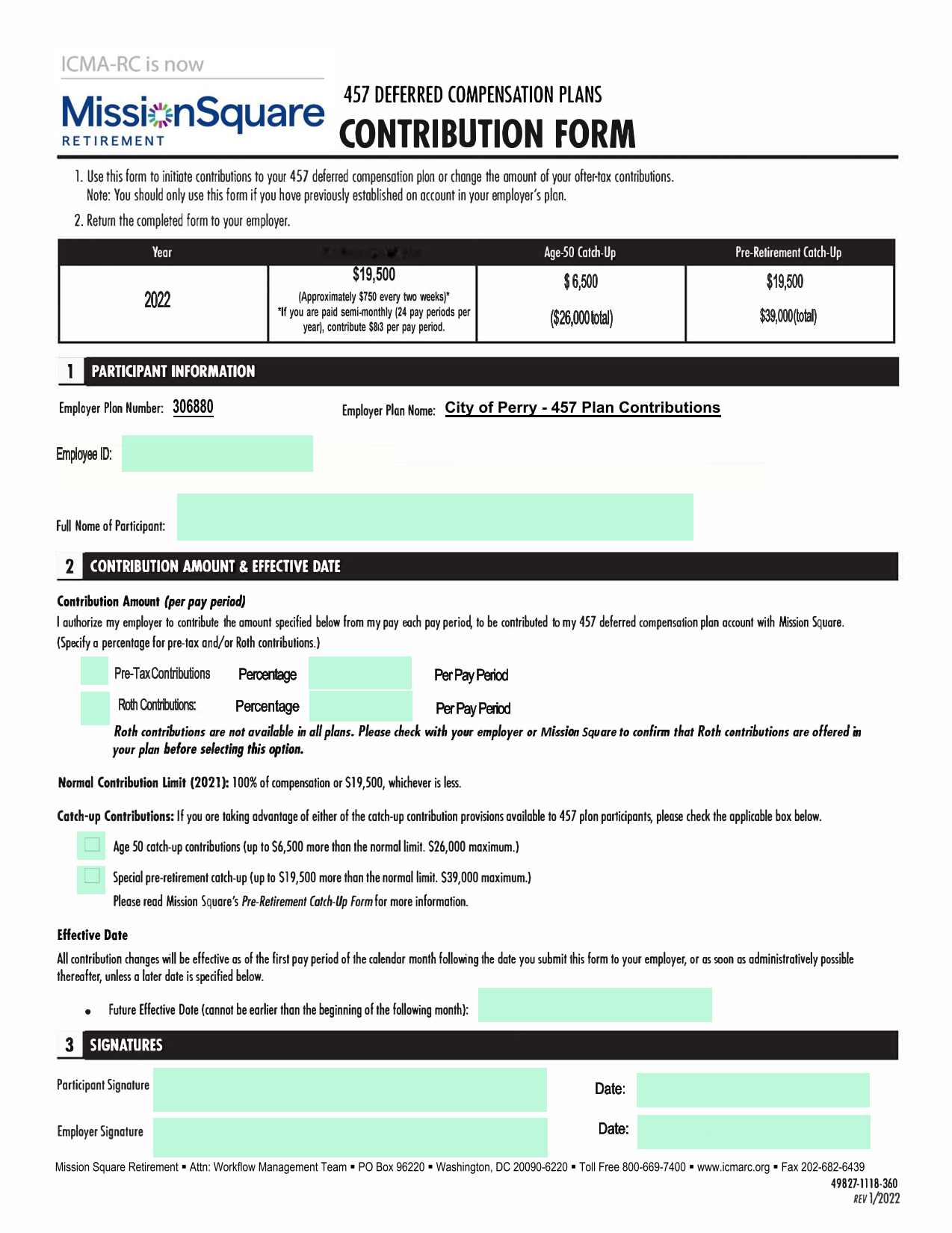 457 DEFERRED COMPENSATION PLANS CONTRIBUTION FORM screenshot