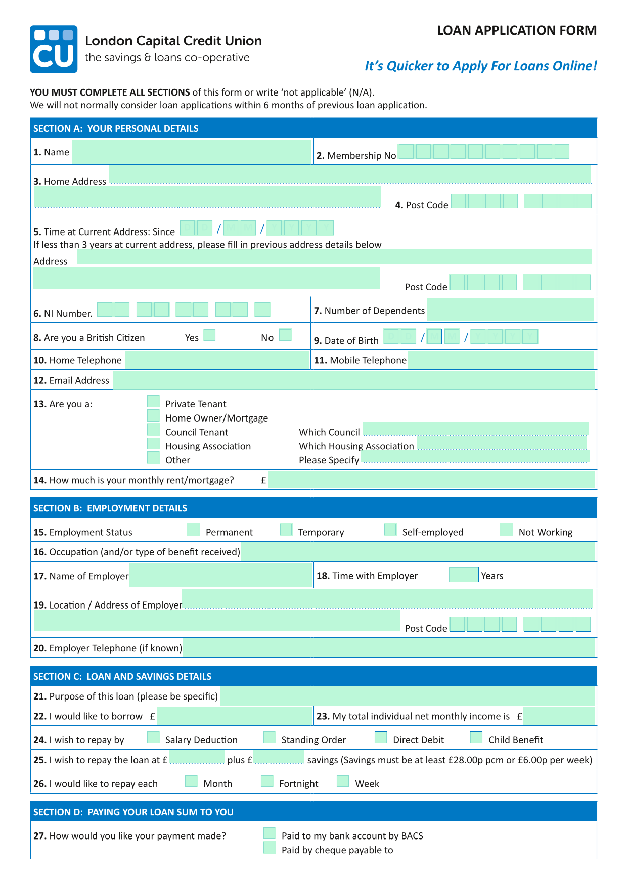 LOAN APPLICATION FORM screenshot