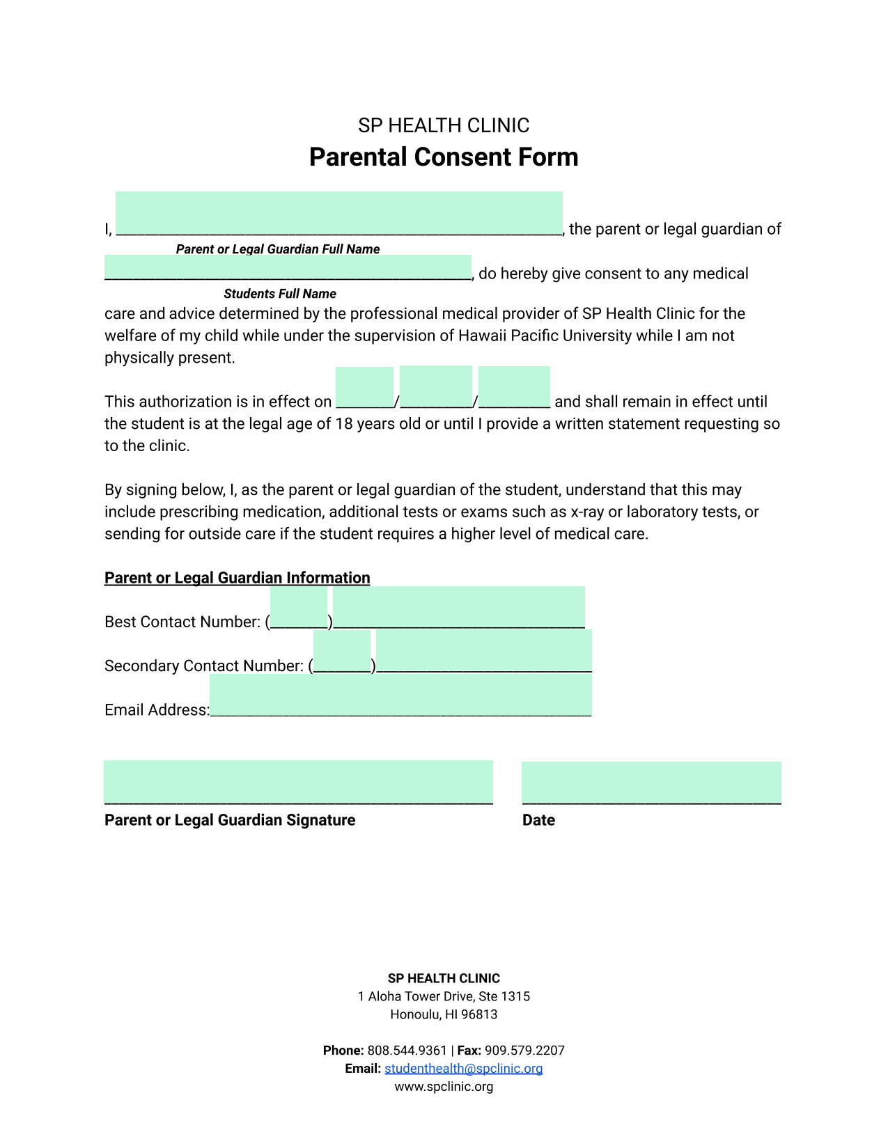 Parental Consent Form screenshot