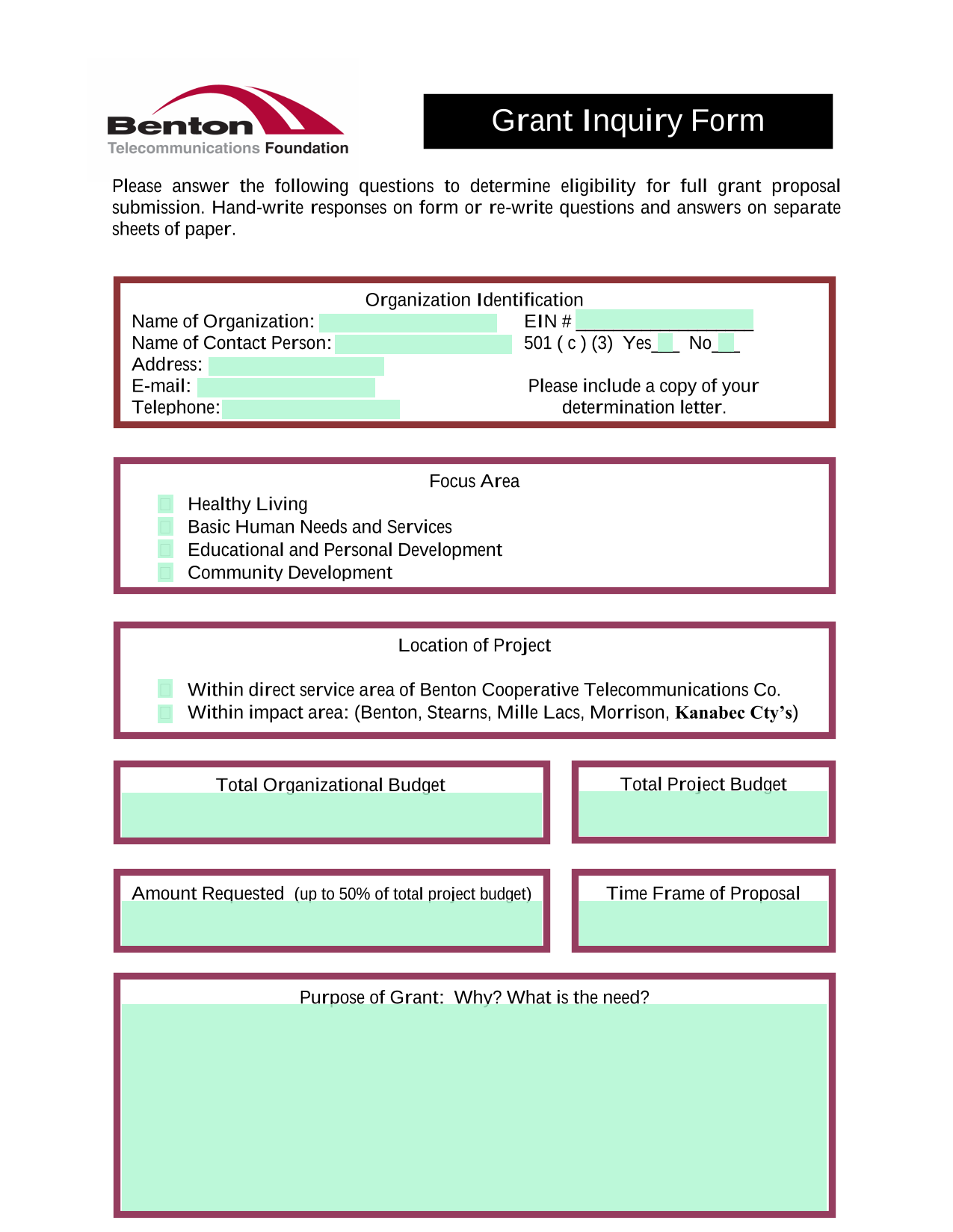Grant Inquiry Form screenshot