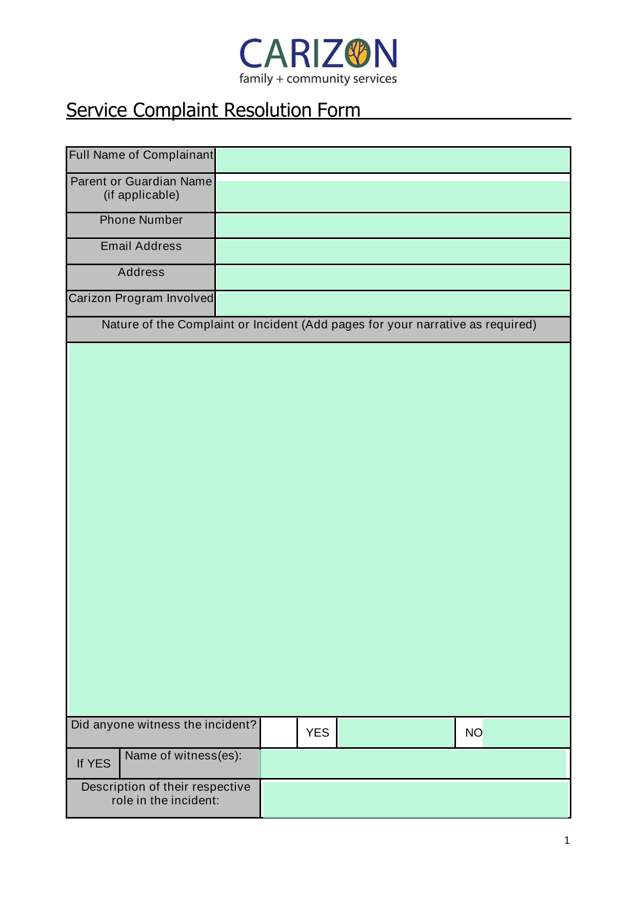 Service Complaint Resolution Form screenshot