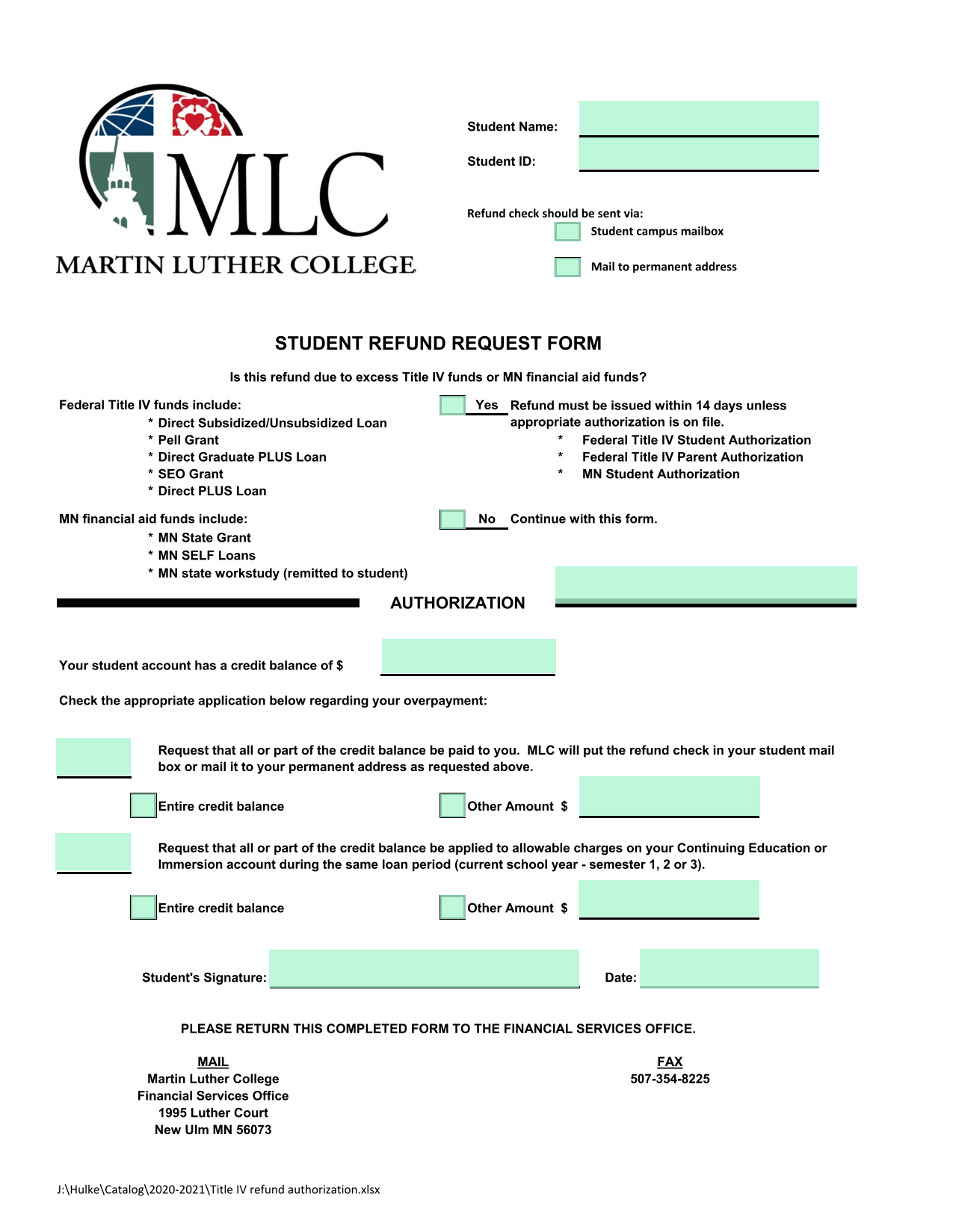 Student Refund Request Form screenshot