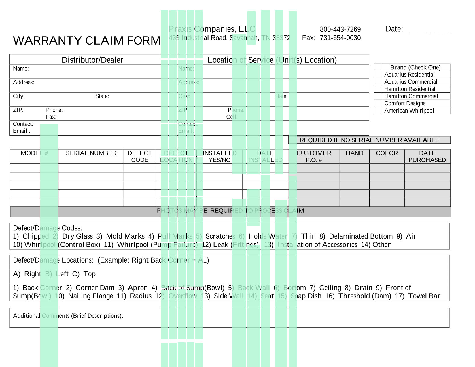 WARRANTY CLAIM FORM screenshot