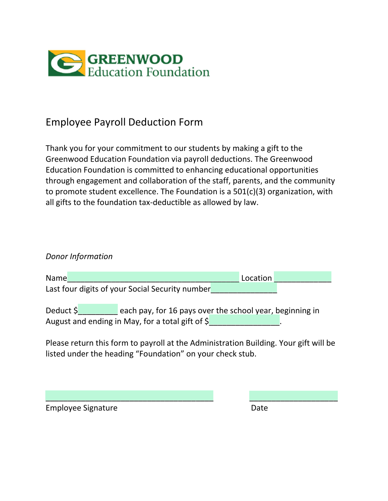 Employee Payroll Deduction Form screenshot