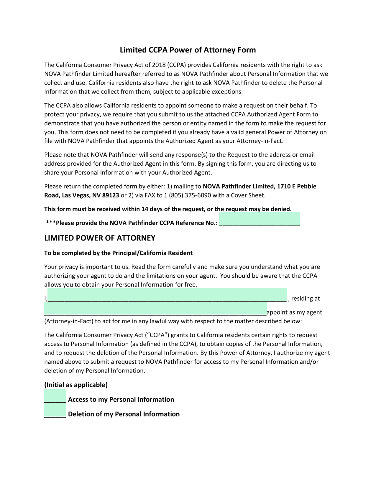 Limited CCPA Power Of Attorney Form screenshot