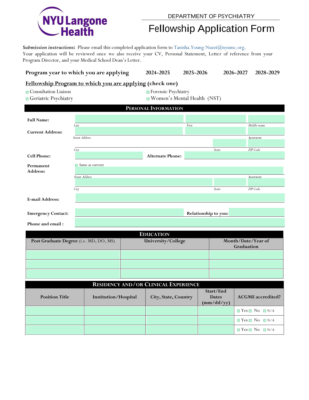 Fellowship Application Form screenshot