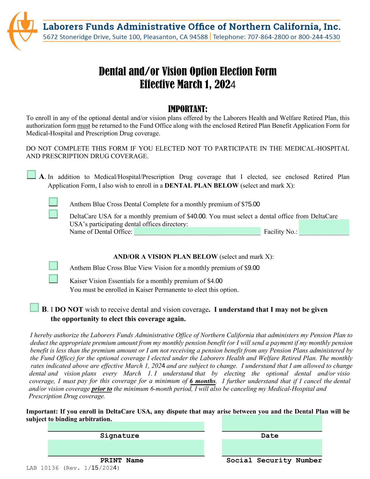Dental AndOr Vision Option Election Form screenshot