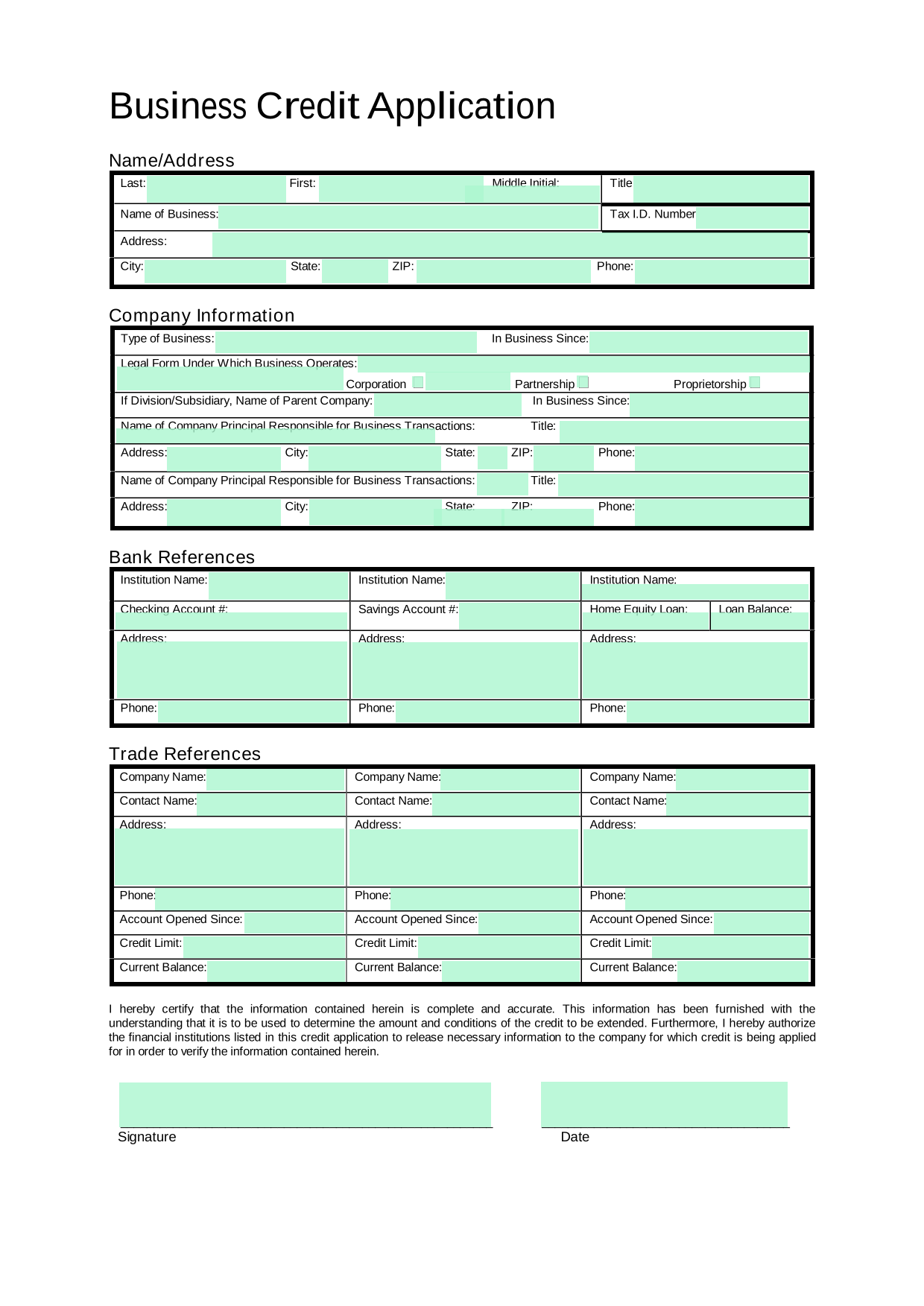 Business Credit Application screenshot