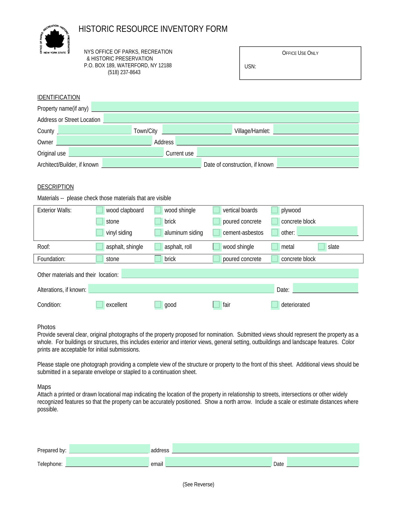 Historic Resource Inventory Form screenshot