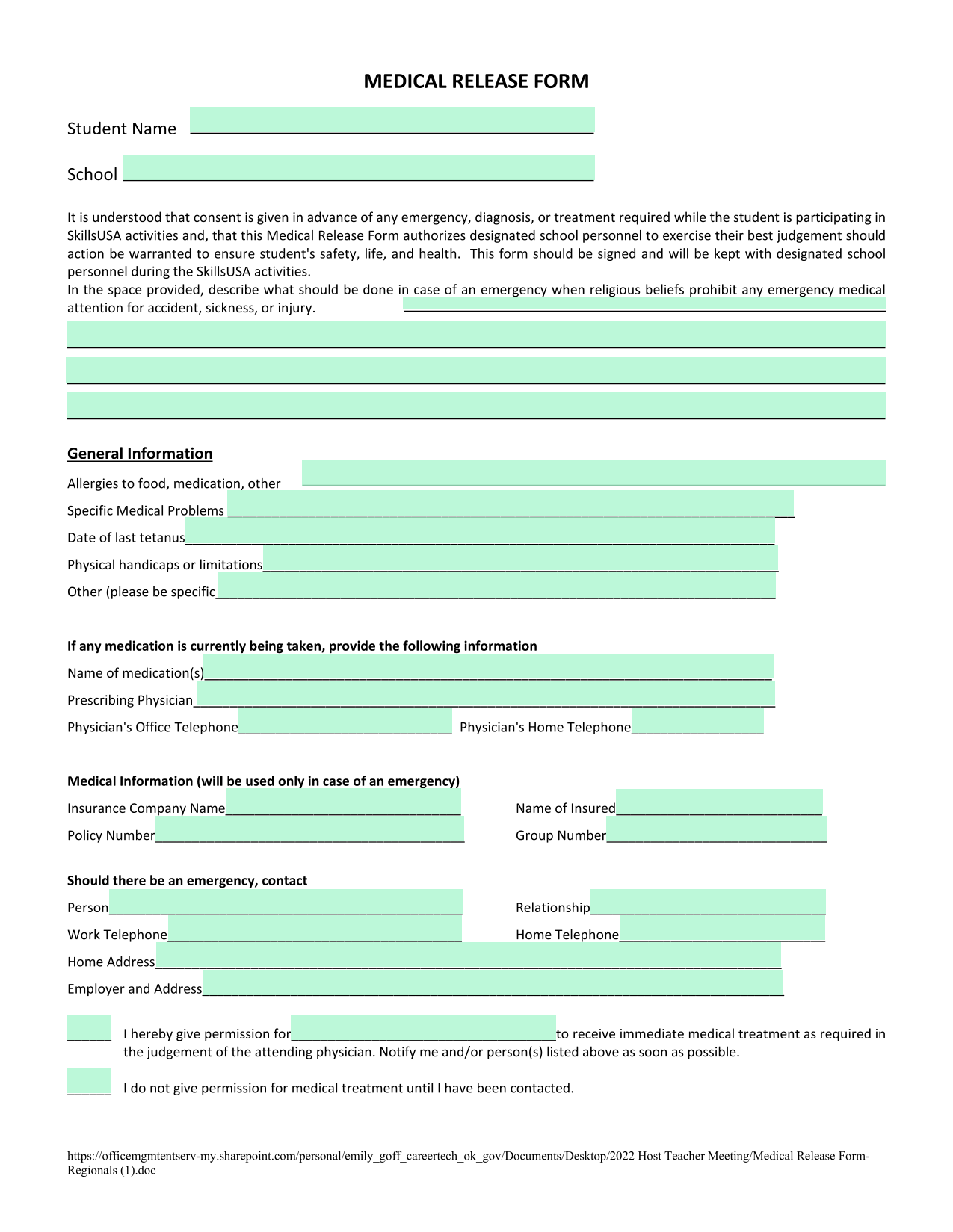 Medical Release Form screenshot