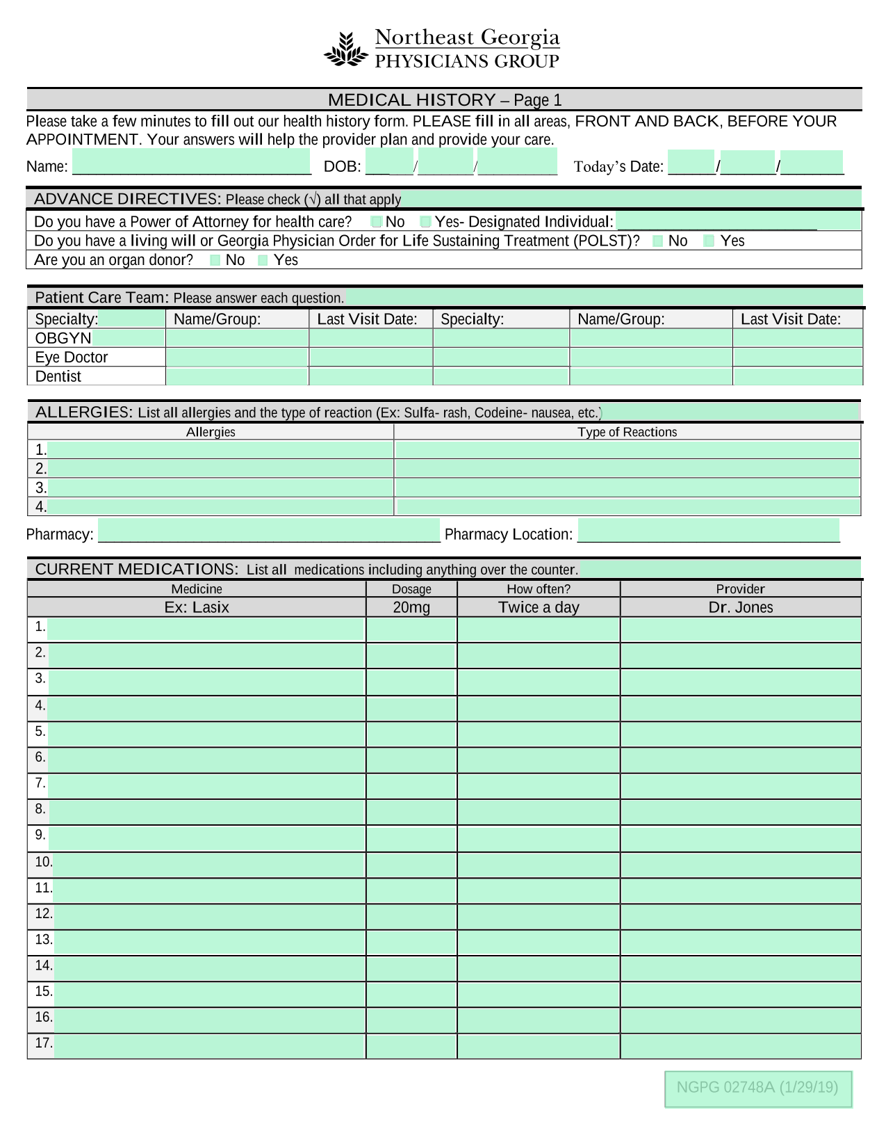 Health History Form screenshot