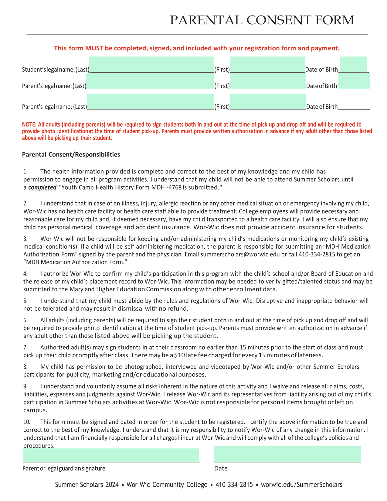 Parental Consent Form screenshot