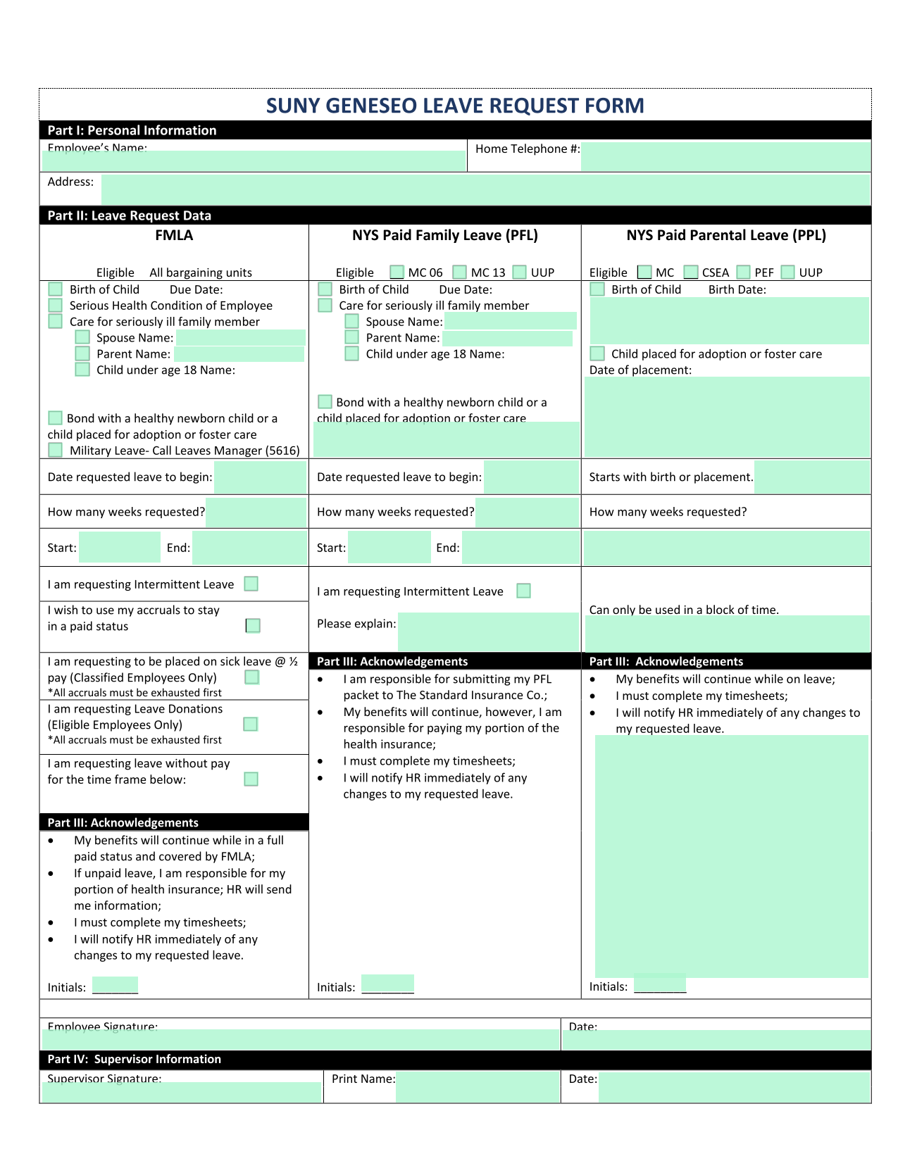 SUNY Geneseo Leave Request Form screenshot