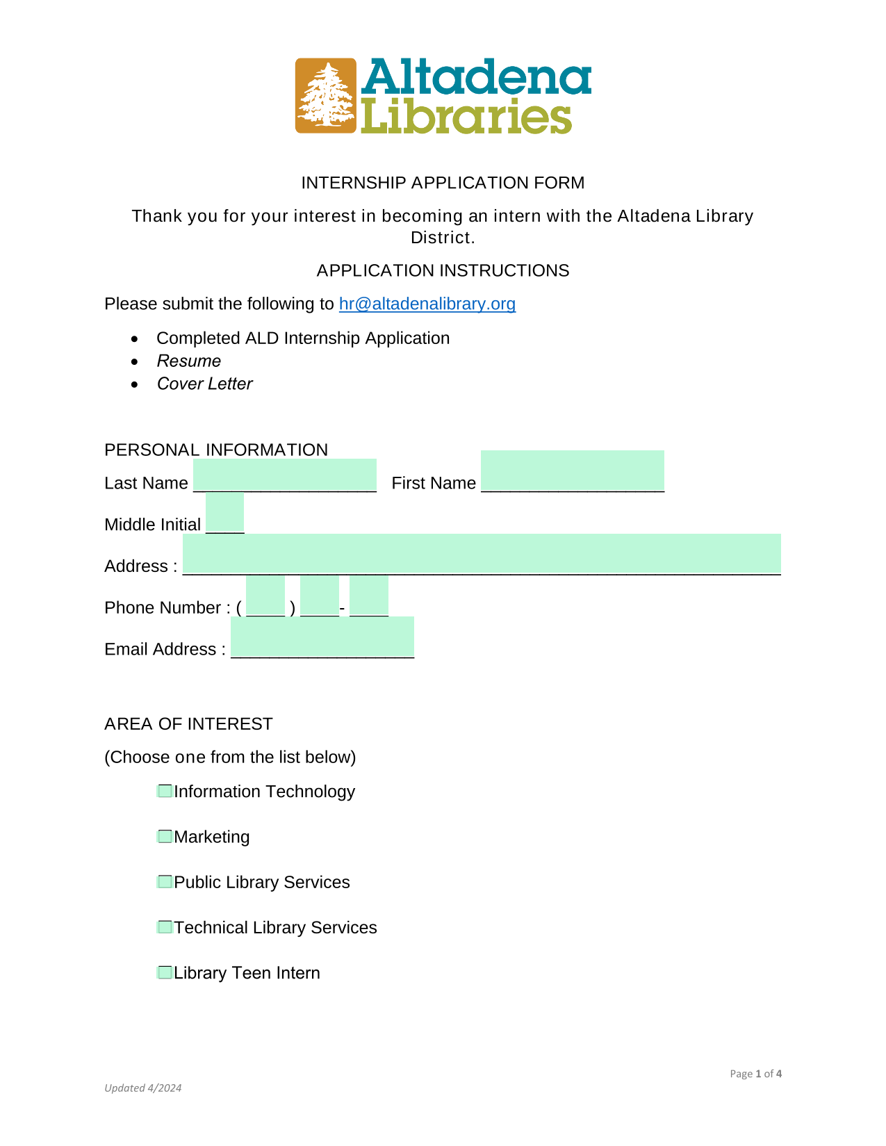 INTERNSHIP APPLICATION FORM screenshot