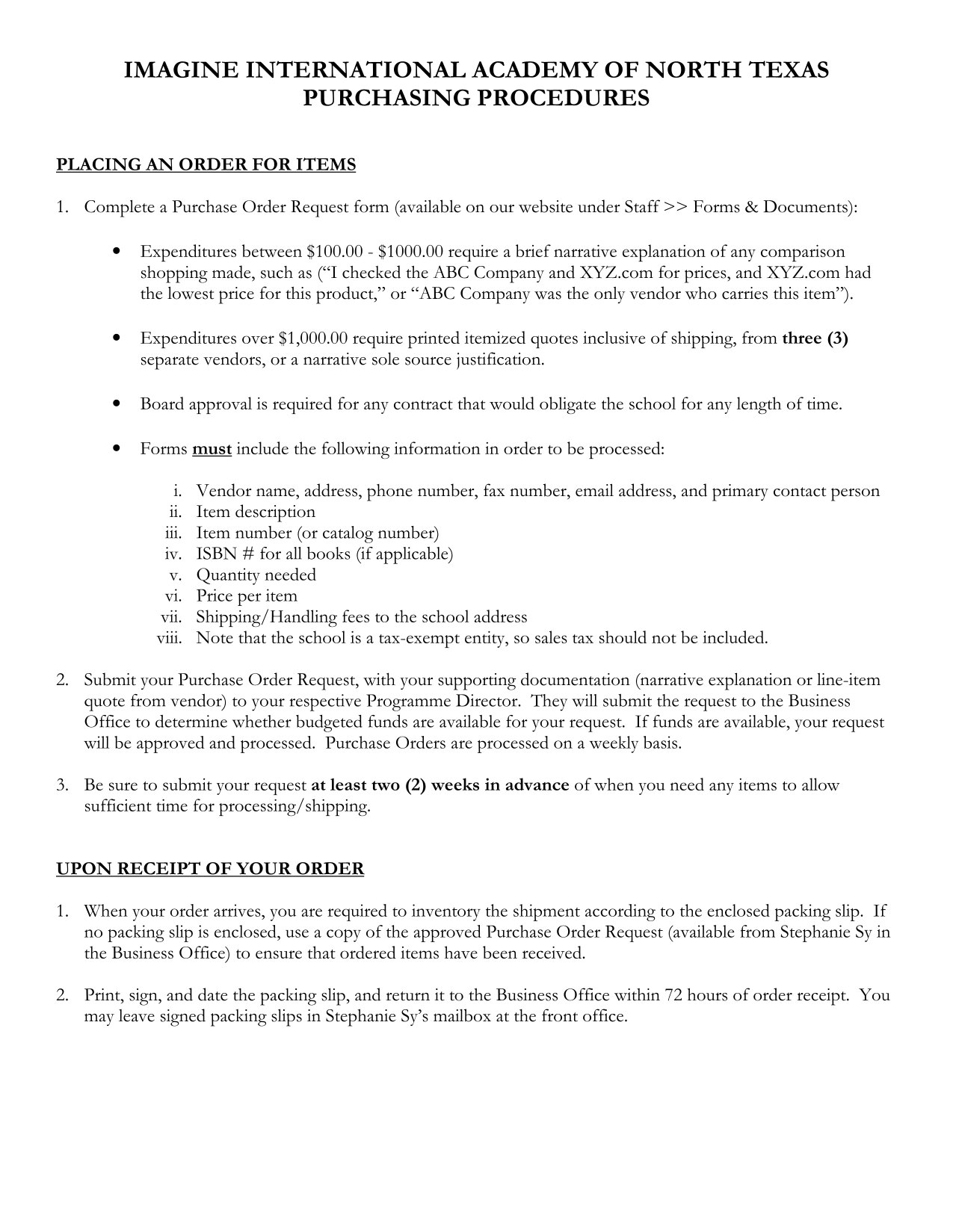 Purchasing Procedures screenshot