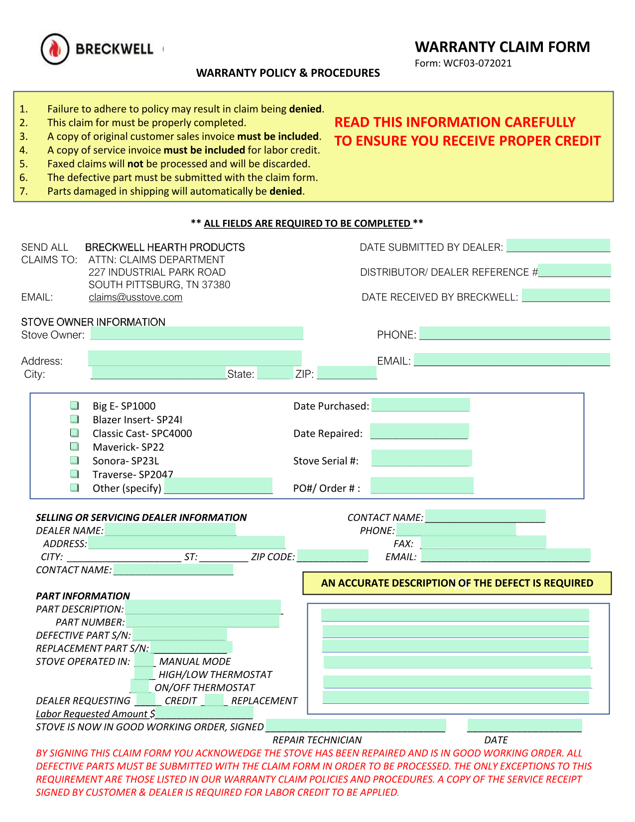 Warranty Claim Form screenshot