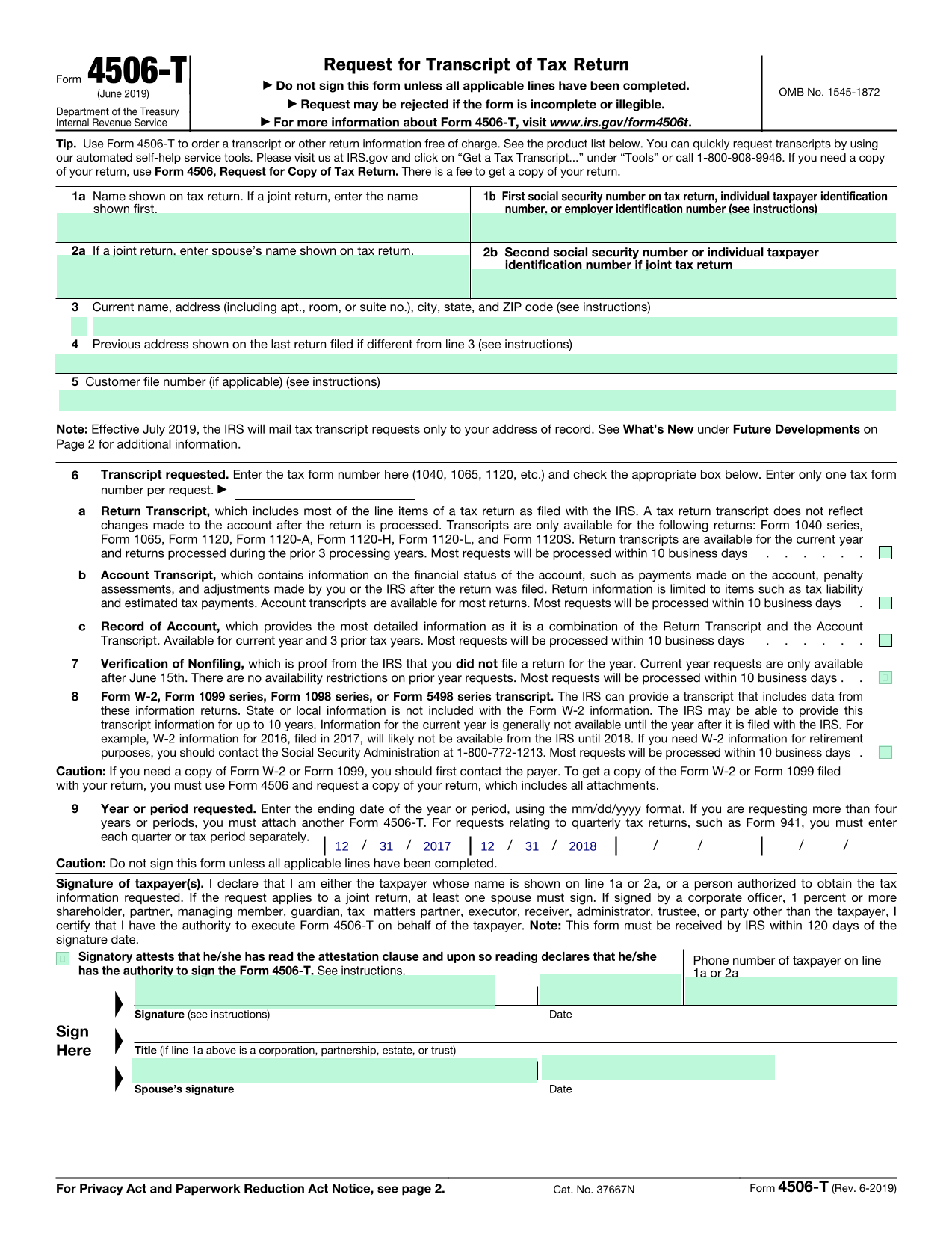 Form 4506 T screenshot