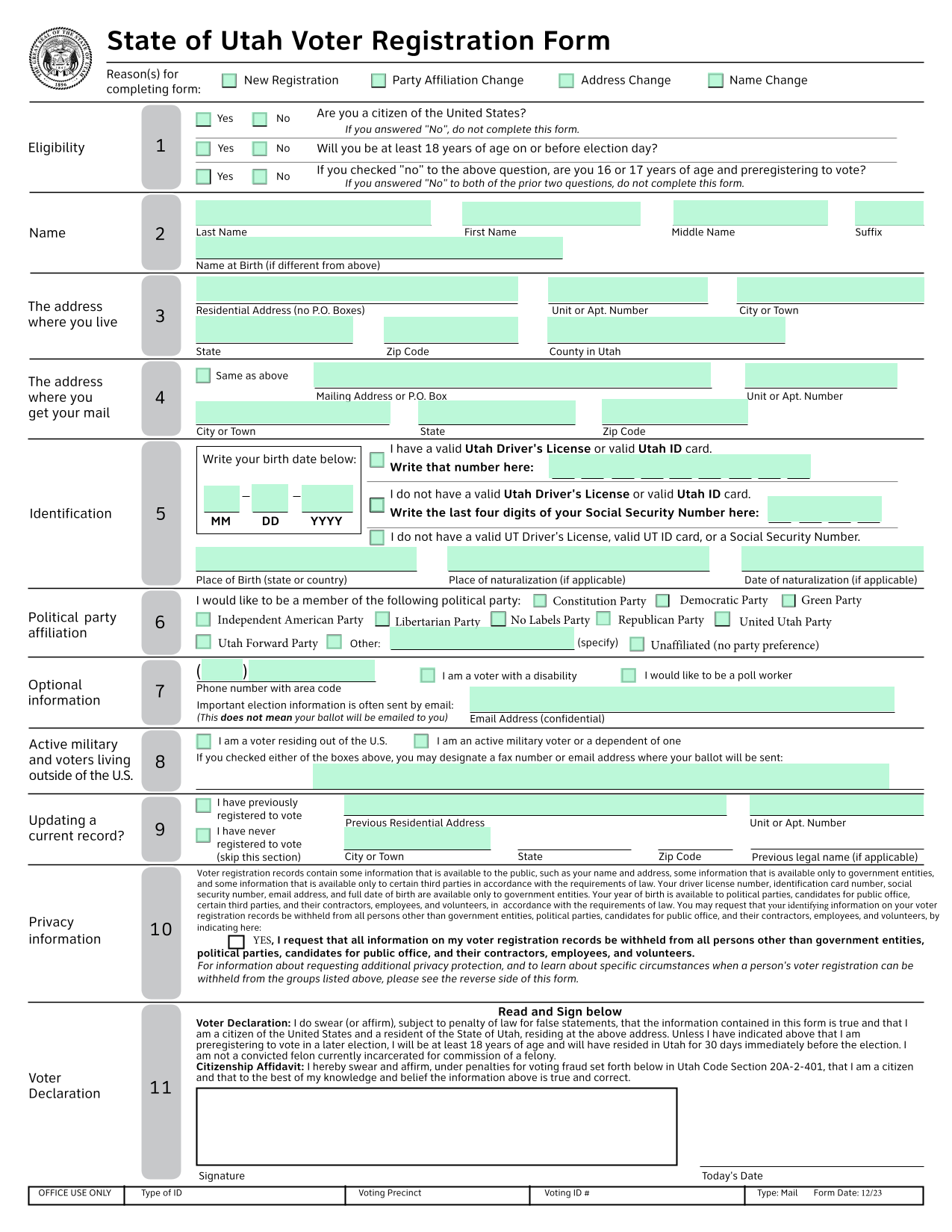 State Of Utah Voter Registration Form screenshot