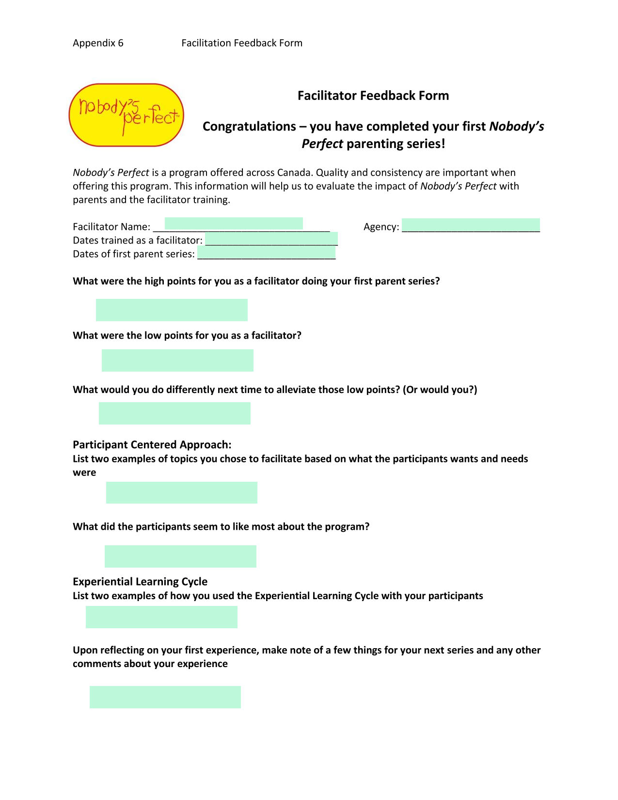 Facilitator Feedback Form screenshot
